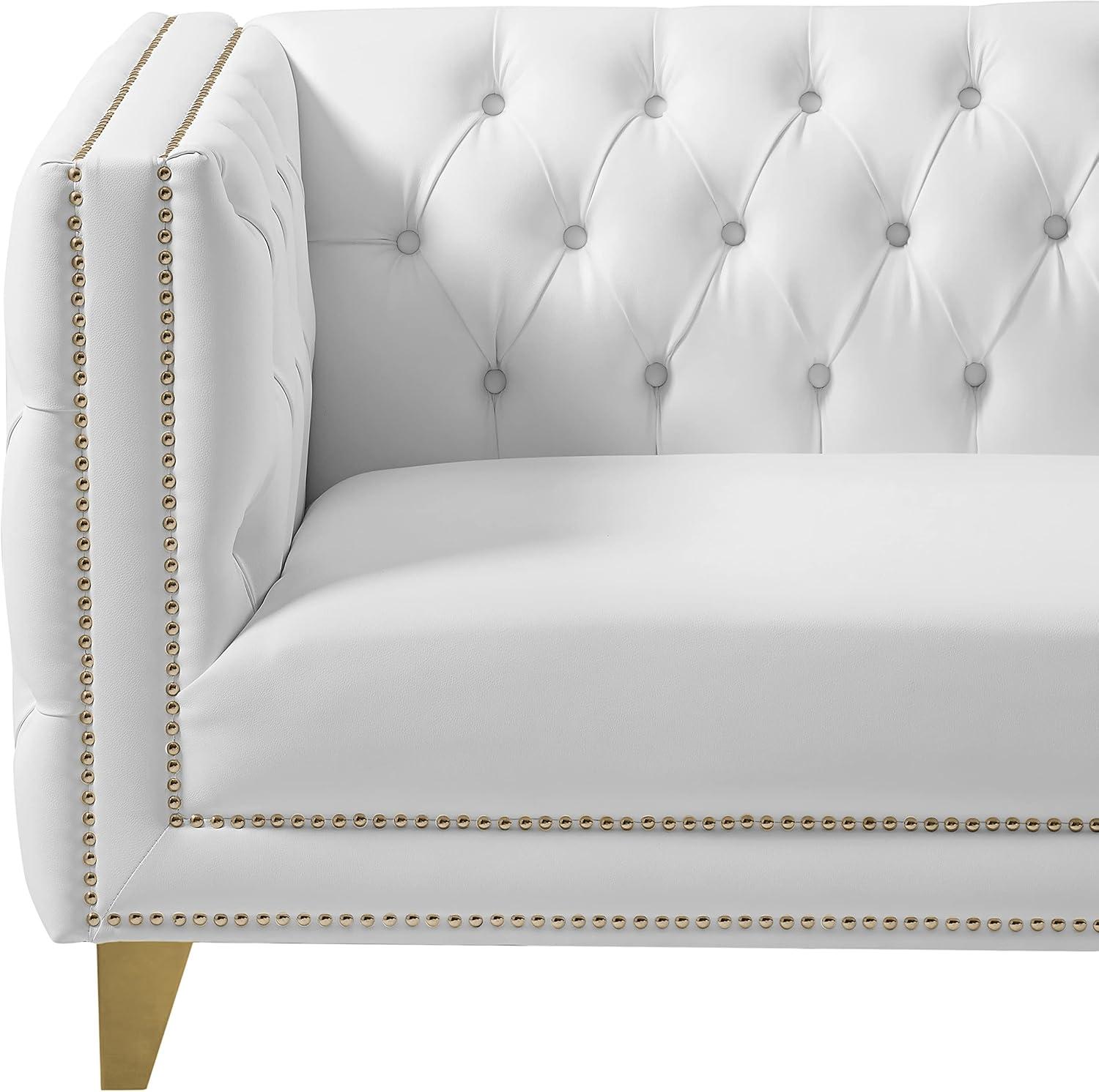 Michelle 90'' White Faux Leather Tufted Sofa with Gold Nailhead Trim