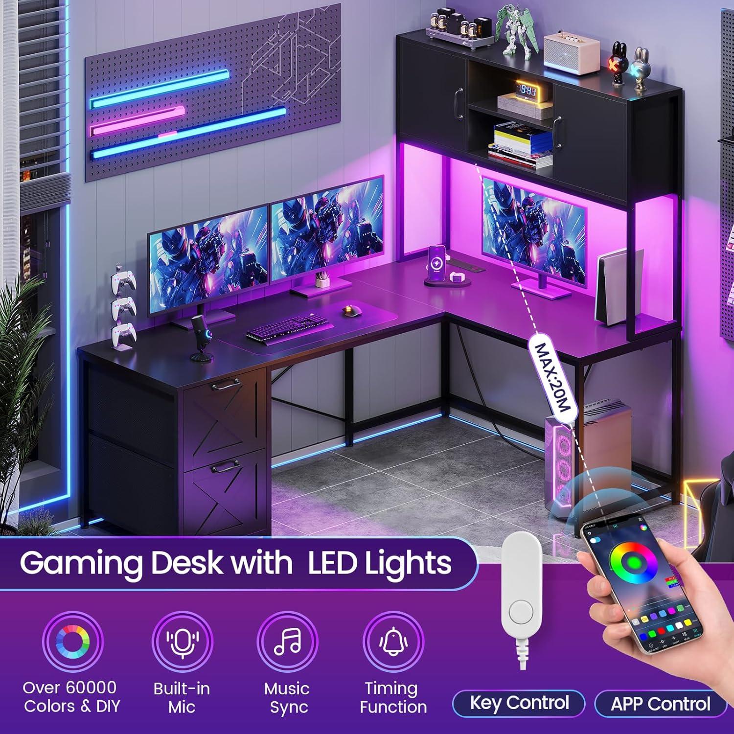 L-Shaped Computer Desk with LED Lights & Hutch & Pegboard, Reversible Gaming Desk with Monitor Stand & Drawers for Home Office, Black