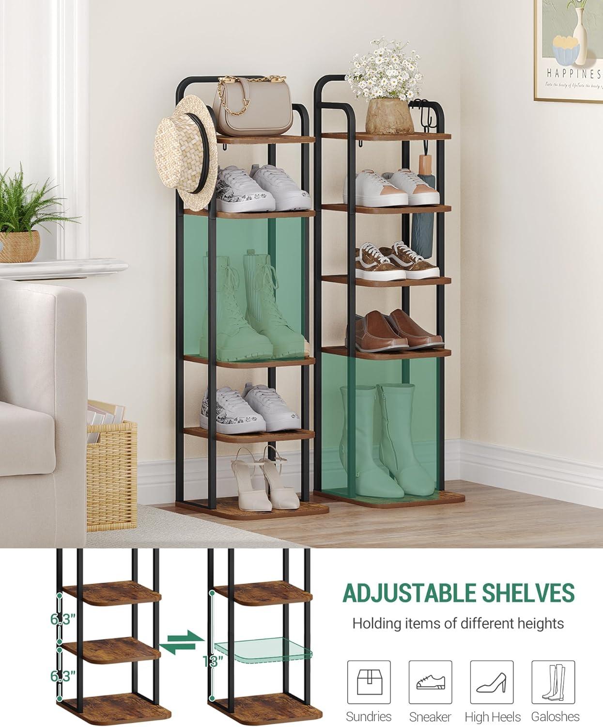 Vertical Shoe Rack, Shoe Shelves, Wood Shoe Organizer For Closet, Entryway, Shoe Tower For Small Spaces, Free Standing, Adjustable, With 2 Hooks, 6 Tier Rustic Brown