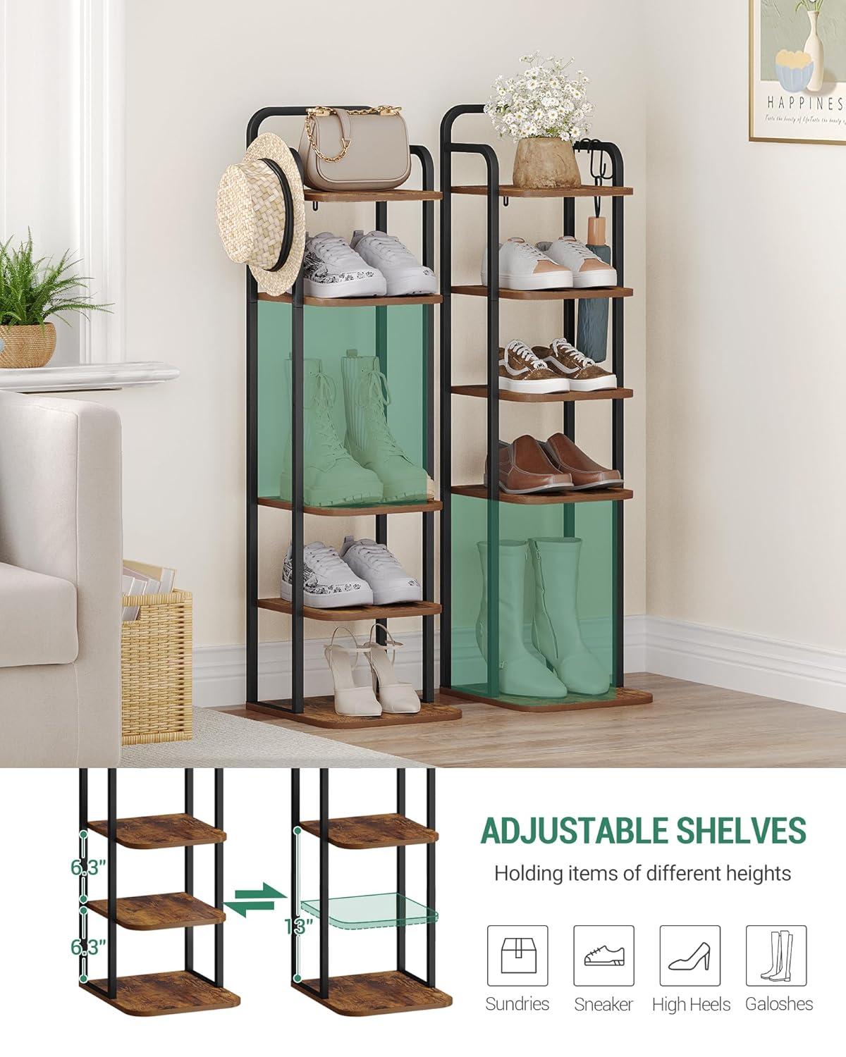 17 Stories Vertical Shoe Rack, Shoe Shelves, Wood Shoe Organizer For Closet, Entryway, Shoe Tower For Small Spaces, Free Standing, Adjustable, With 2 Hooks, 6 Tier Rustic Brown