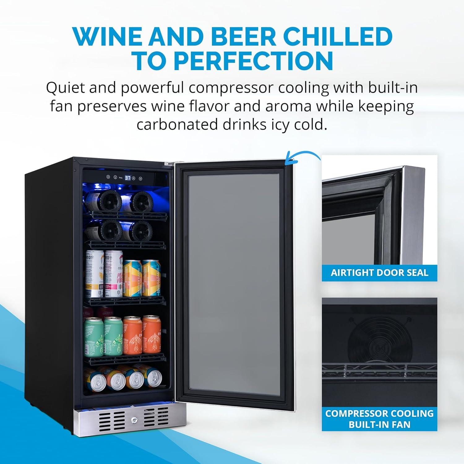 Newair 15" FlipShelf Wine and Beverage Refrigerator, Reversible Shelves Hold 80 Cans or 33 Bottles