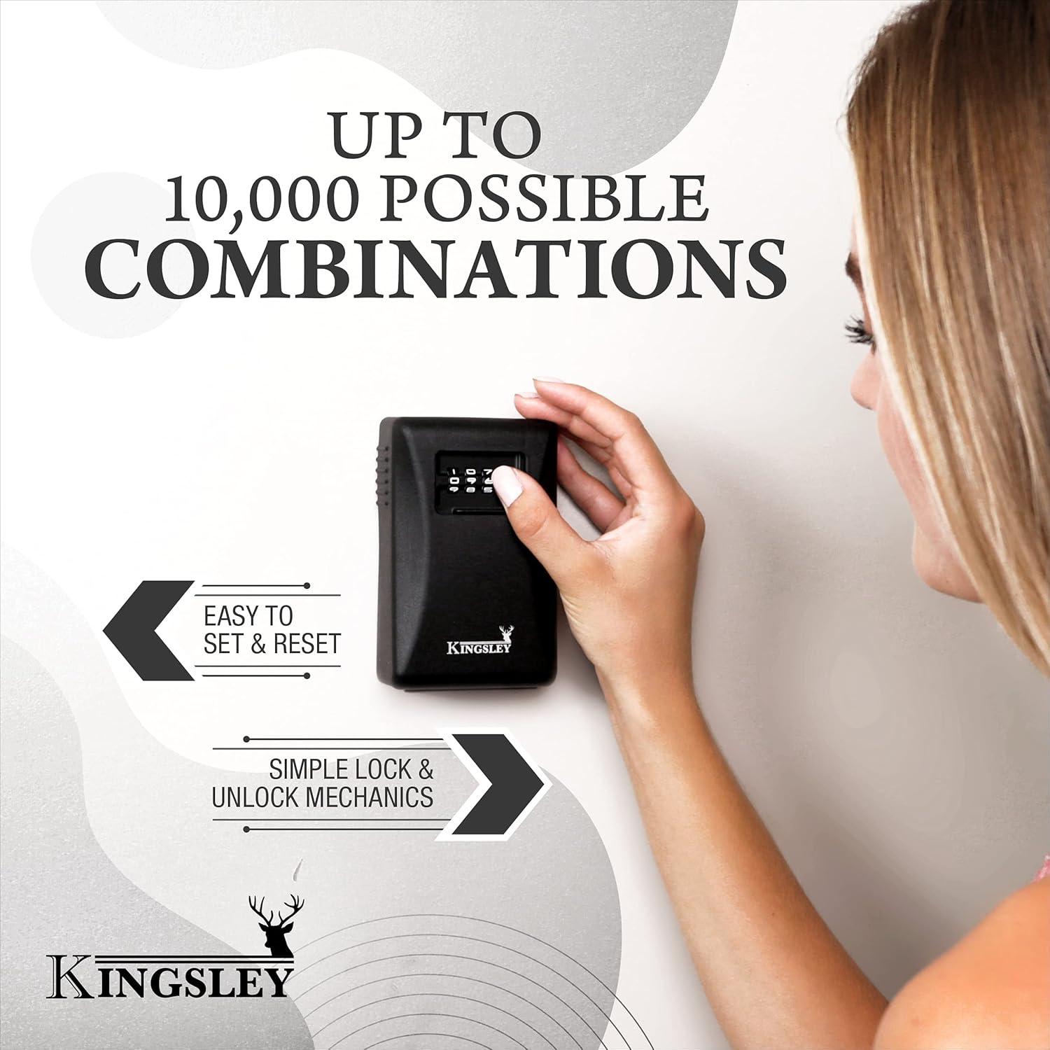 Kingsley Key Lock Box - Guard-a-Key, Secure Weatherproof Key Box Wall Mount for Indoors and Outdoors, 4 Digit Resettable Combination Code, Large Capacity for Storing Spare Keys