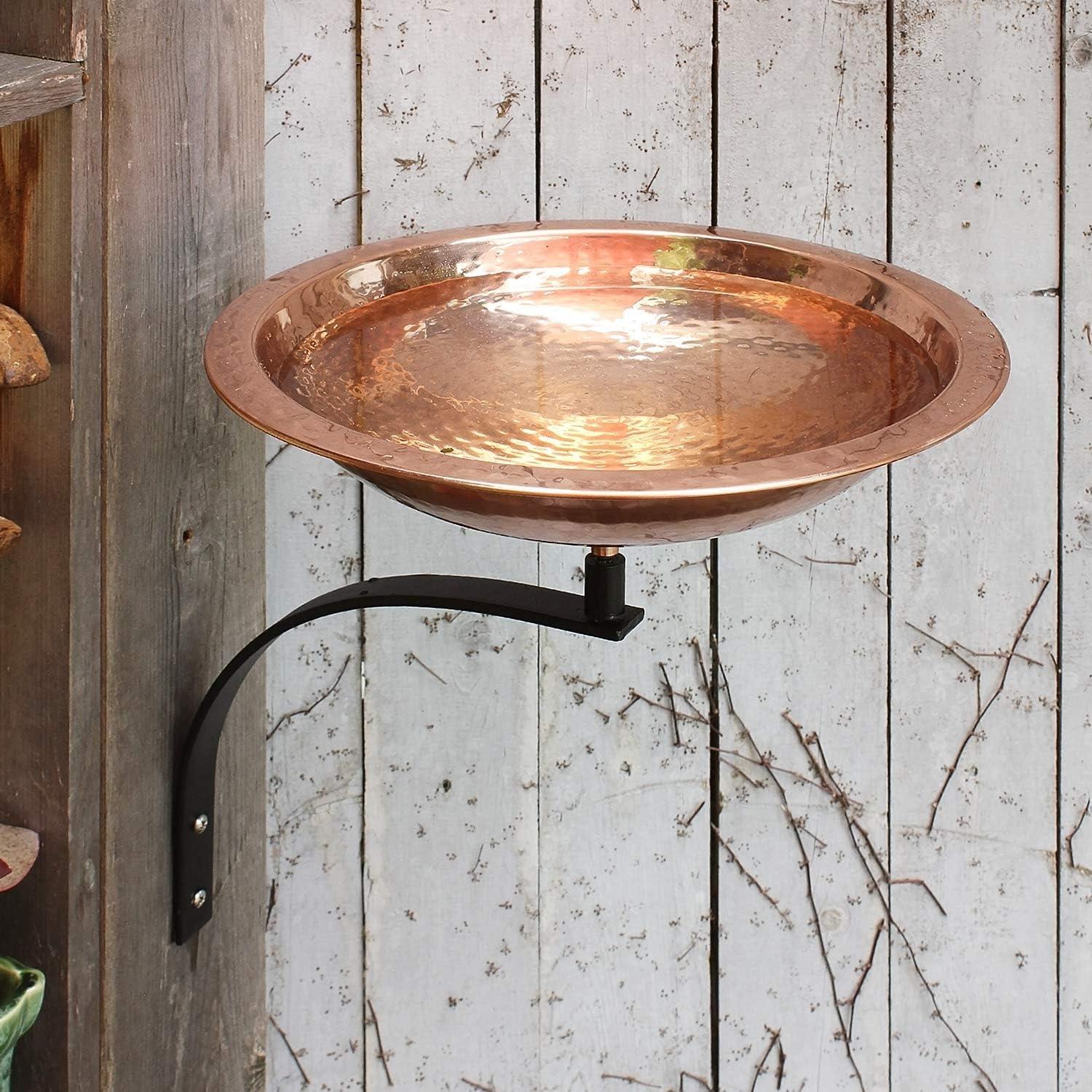 Hammered Copper Wall-Mounted Birdbath with Black Iron Bracket