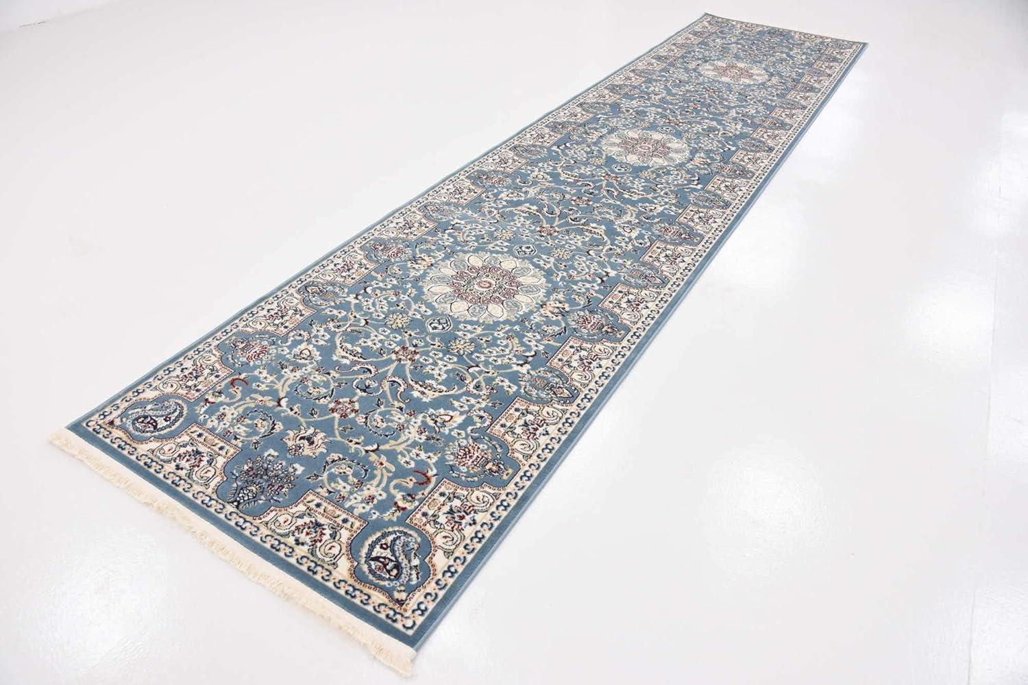 Blue Floral Synthetic Stain-Resistant Runner Rug