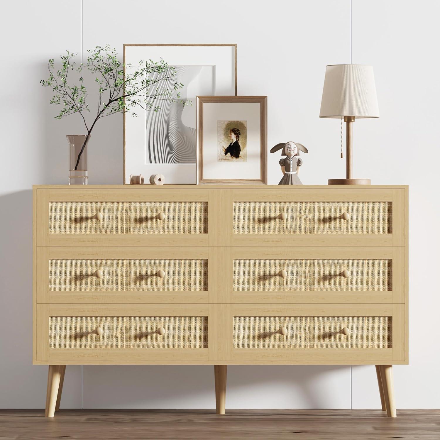 Natural Rattan and Wood Double Dresser with Six Drawers