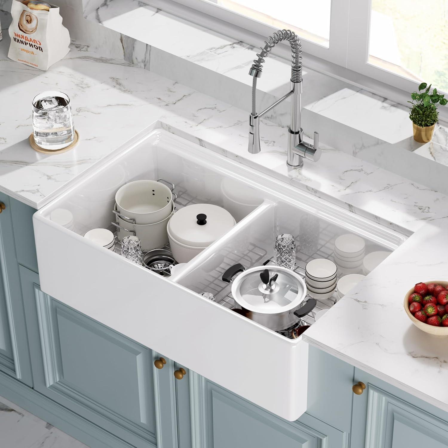 33X20 Inch White Farmhouse Sink Workstation Ceramic Single Bowl Farm Kitchen Sink White Ceramic