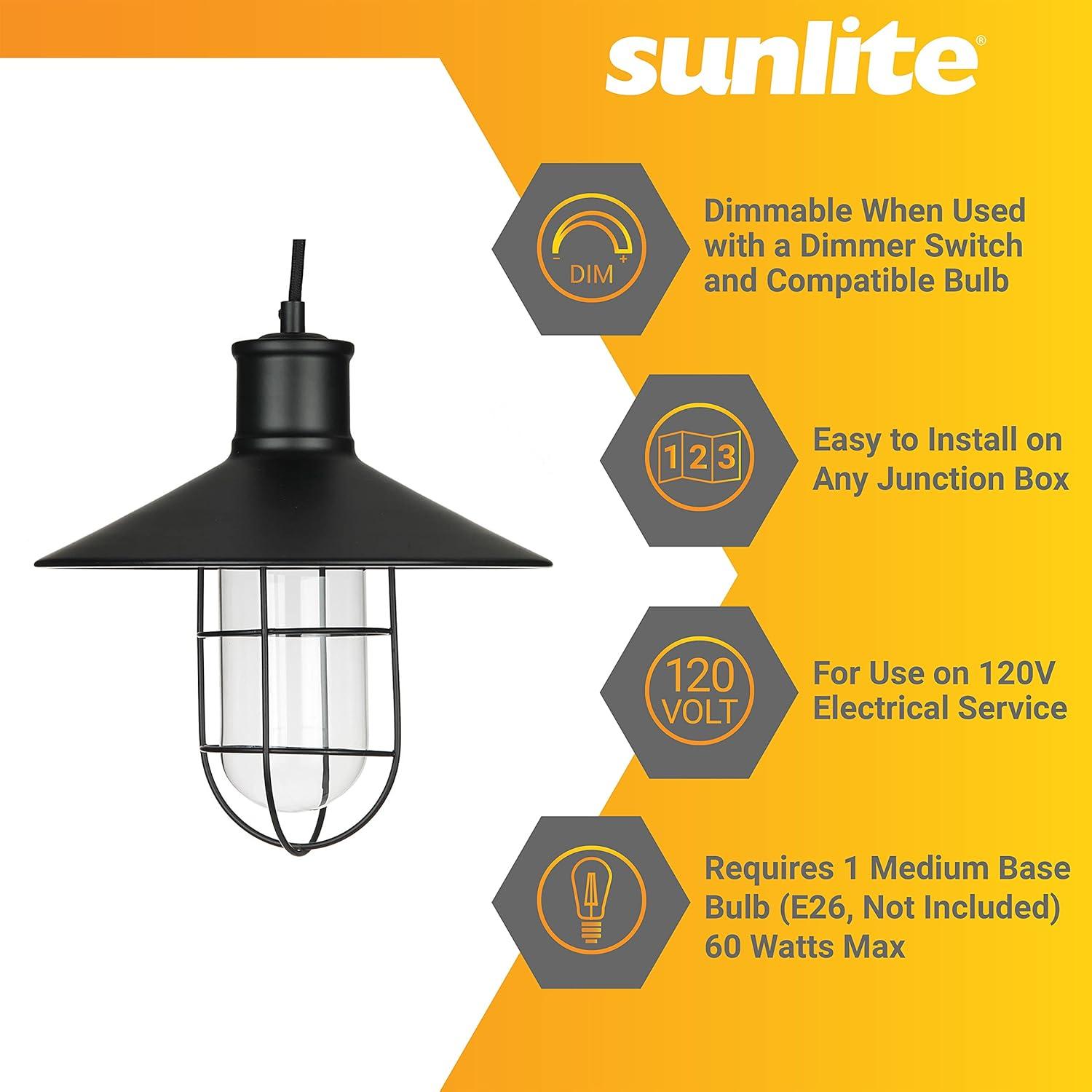Sunlite 07005-SU Vintage-Inspired Caged Canopy Pendant, Industrial Style, Farmhouse Country-Chic Décor, Medium Base Socket (E26), 68” Braided Woven Cord, 60 Watts Max, UL Listed, Satin Black Finish