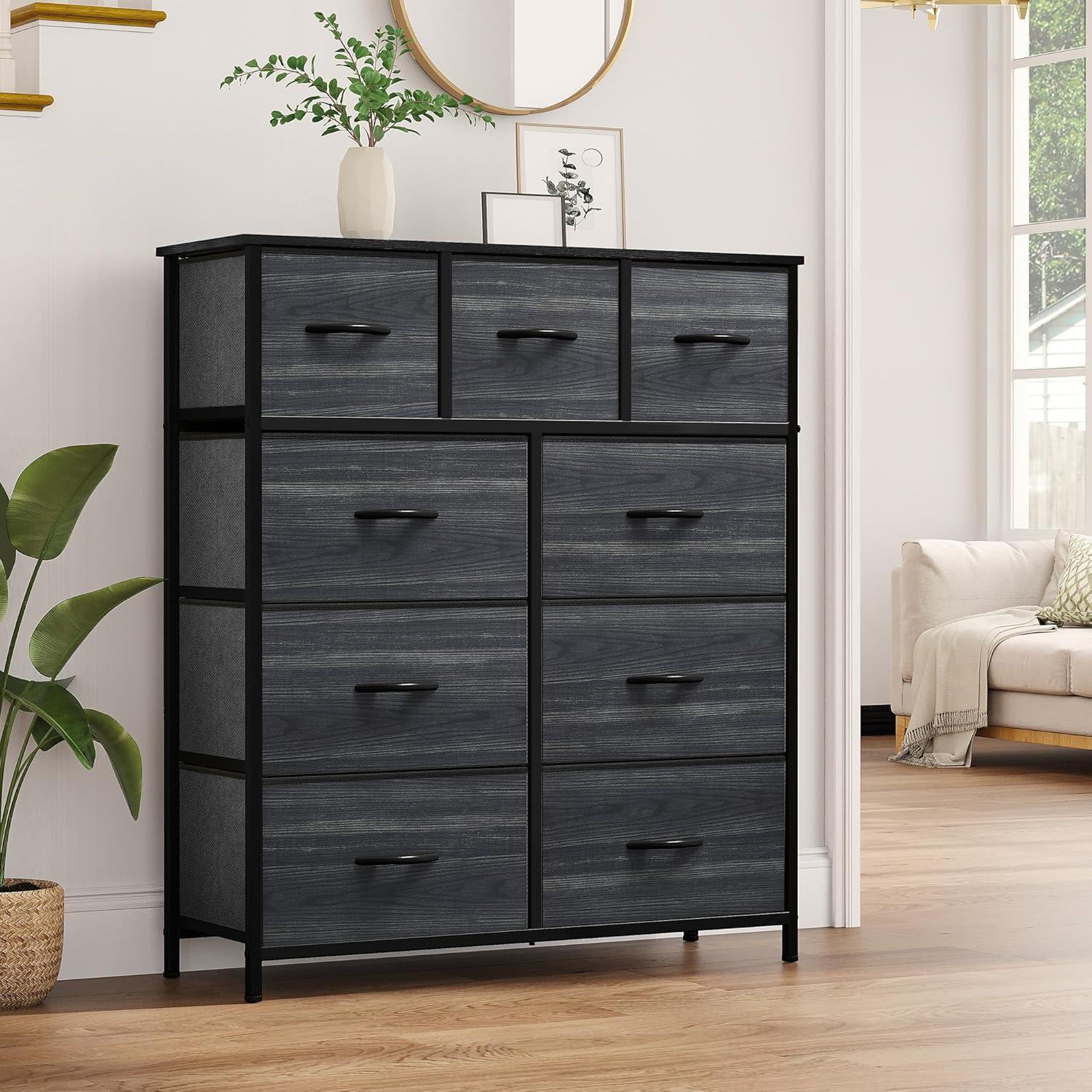 SYTHERS Dresser for Bedroom with 9 Drawers, Fabric Dresser Storage Organizer Unit with Fabric Bins, Fabric Dresser for Living Room, Closet, Hallway, Dark Gray