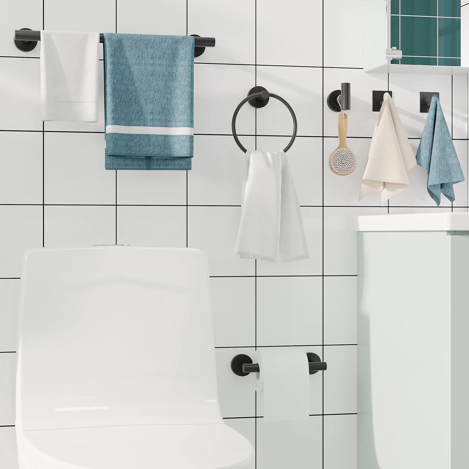6 PCS Bathroom Hardware Set, Including 16" Hand Towel Bar, Toilet Paper Holder, Towel Ring, Robe Towel Hooks, Bathroom Accessories Kit(Matte Black)