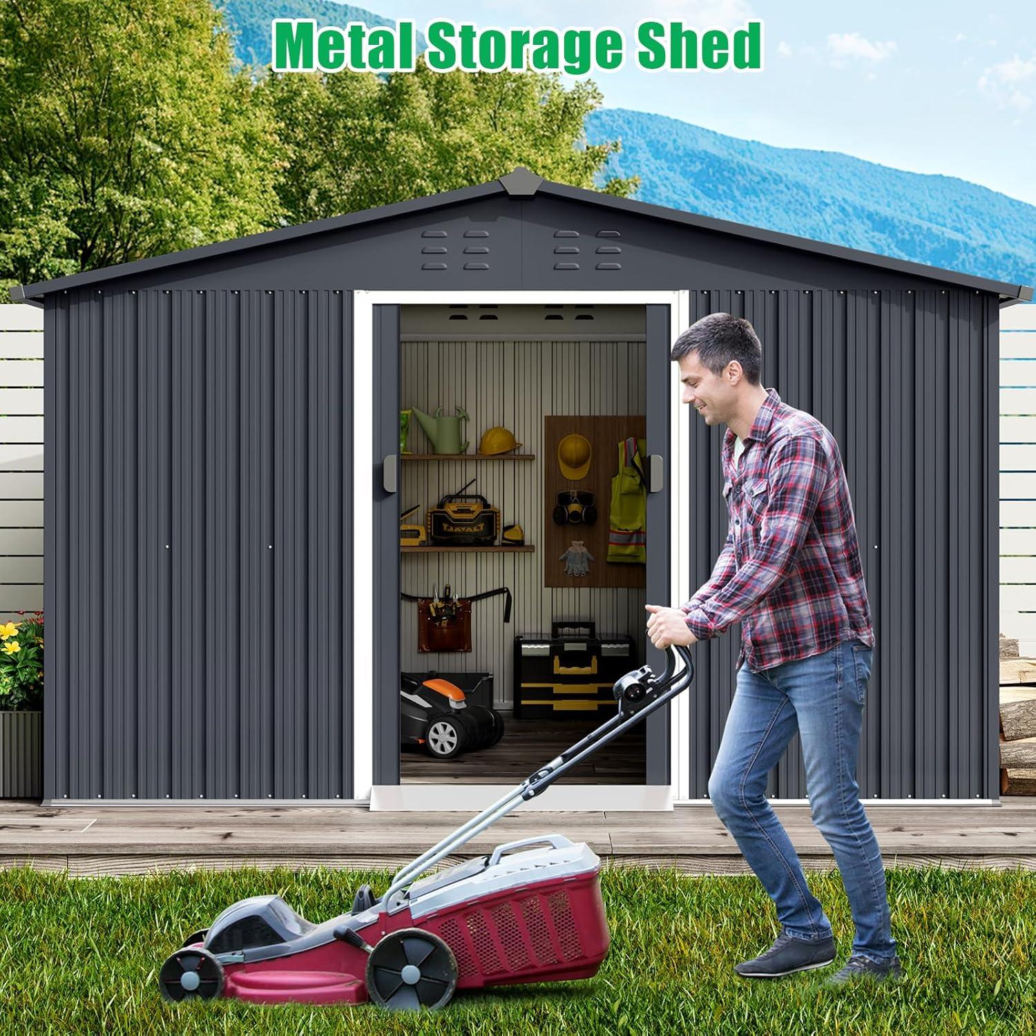 Adoolla 10'x12' Outdoor Storage Shed, Metal Tool Shed with Lockable Sliding Doors for Backyard, Garden, Lawn