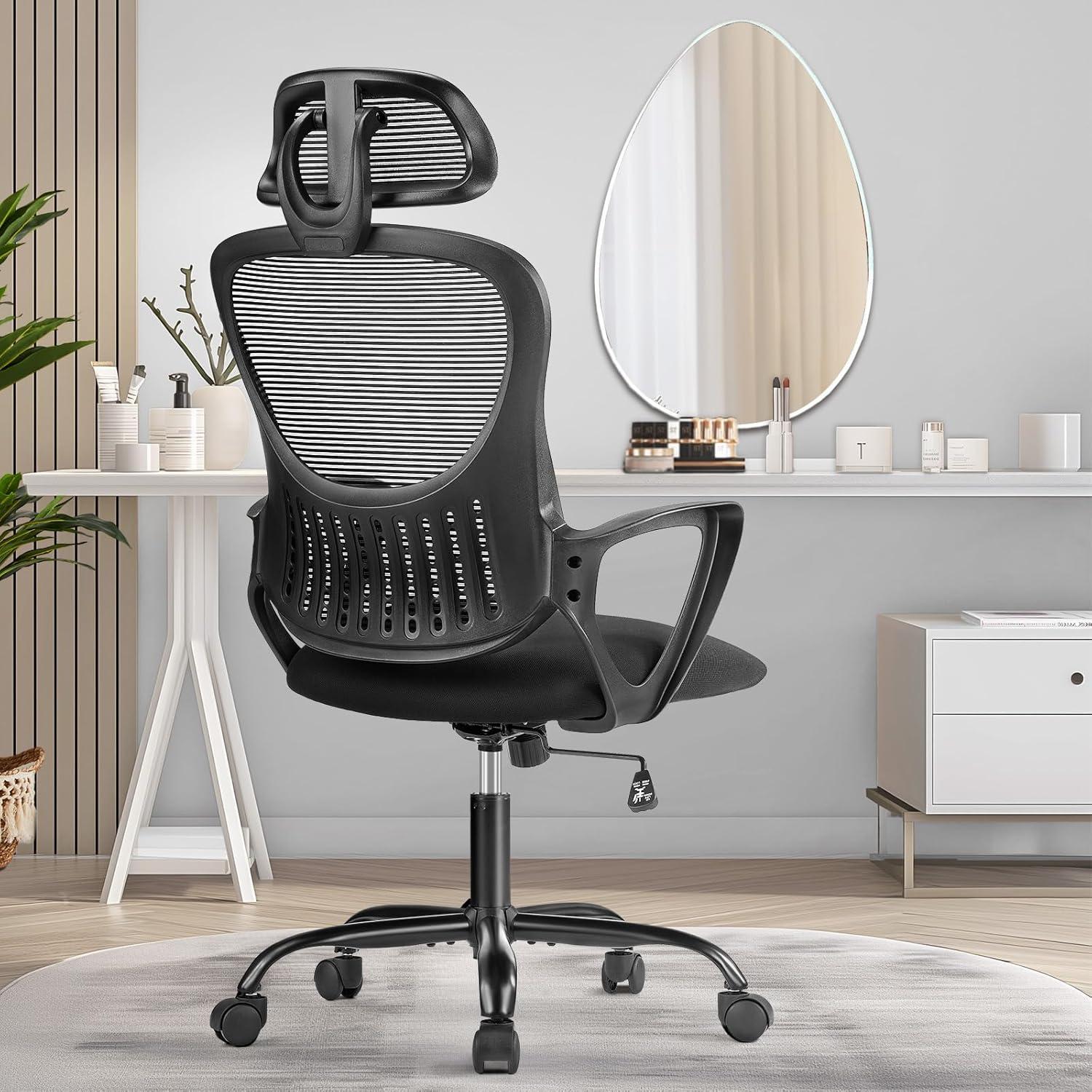 Office Computer Desk Chair, Ergonomic High-Back Mesh Rolling Work Chairs with Wheels and Adjustable Headrests, Comfortable Lumbar Support, Comfy Flip-up Arms for Home, Bedroom, Study,Black