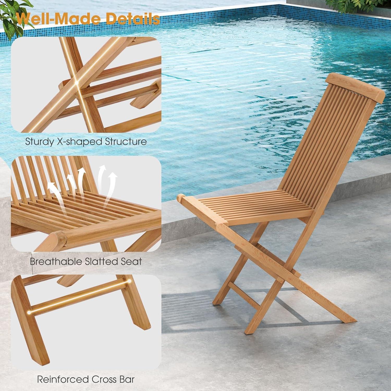 YYAo Folding Outdoor Chair, Folding Chair, Portable Dining Chair, Set of 2 Teak Patio Folding Chairs with High Back and Slatted Seat