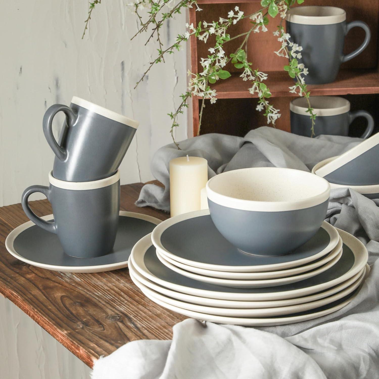 Stone Lain Serenity 16-Piece Stoneware Dinnerware Set, Service for 4, Green and Cream