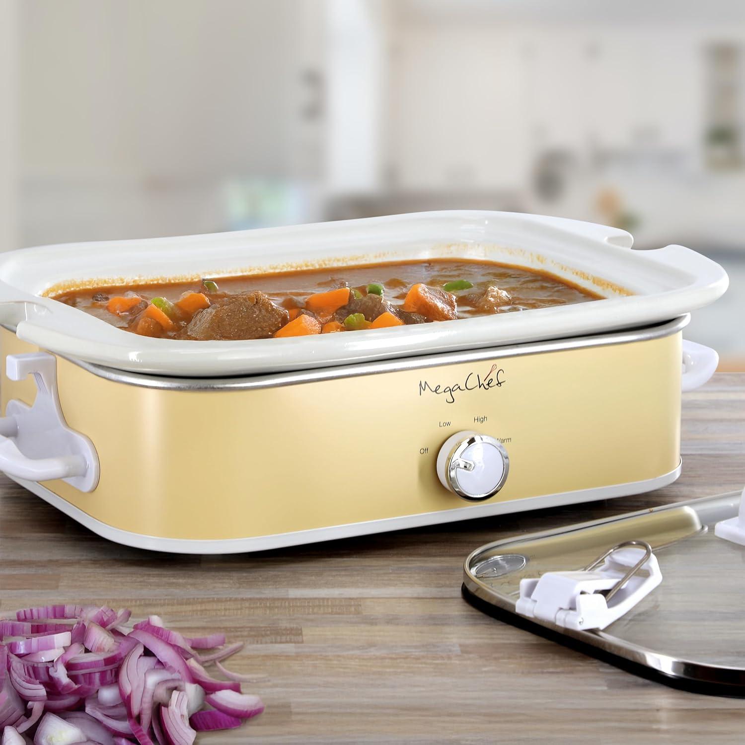 MegaChef 3.5qt Casserole Slow Cooker with 3 Temperature Settings Cream: Stainless Steel, Stoneware, Glass, Dishwasher-Safe Parts