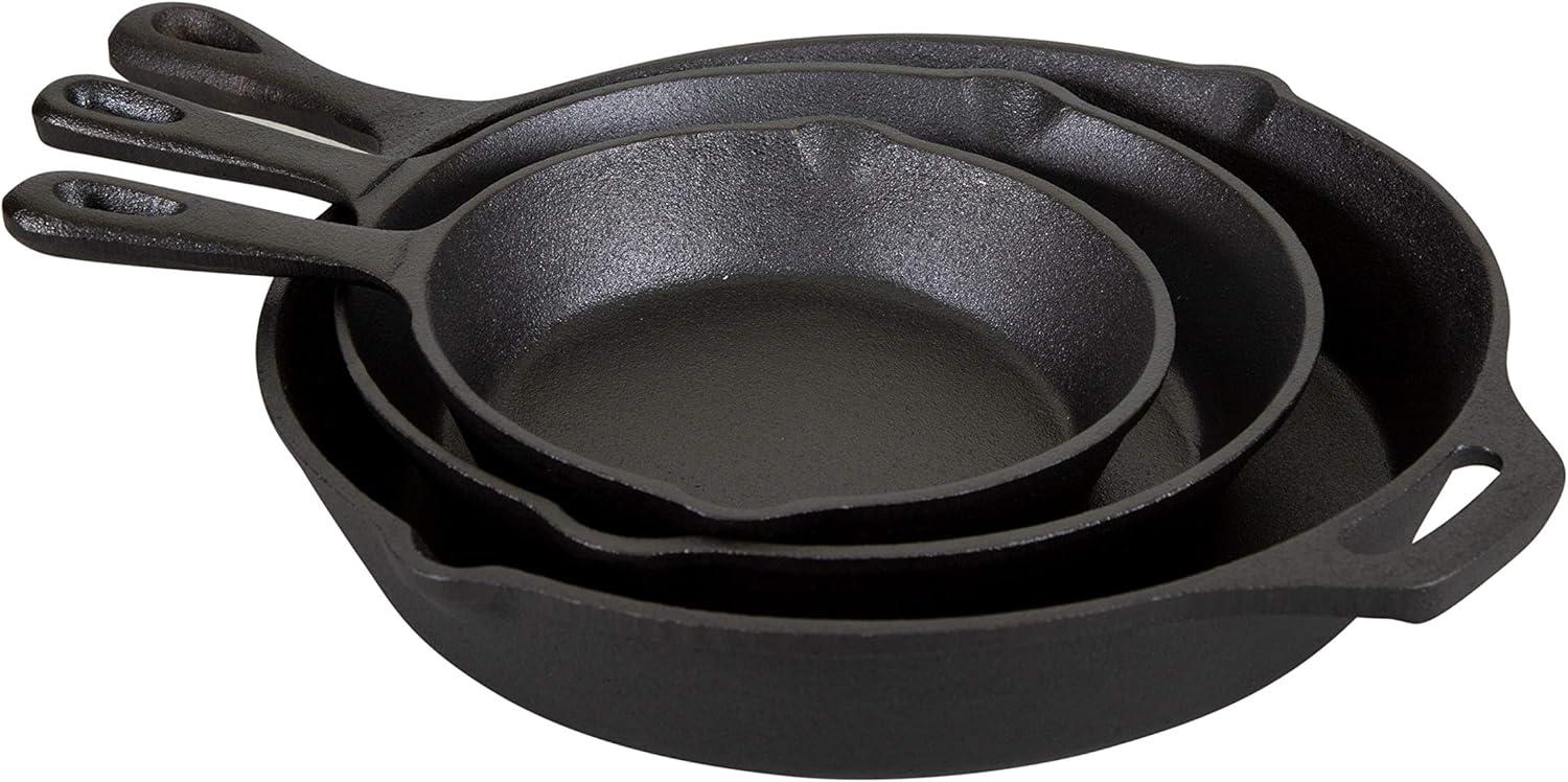 Pre-Seasoned Black Cast Iron Frying Pan Set, 3 Pieces