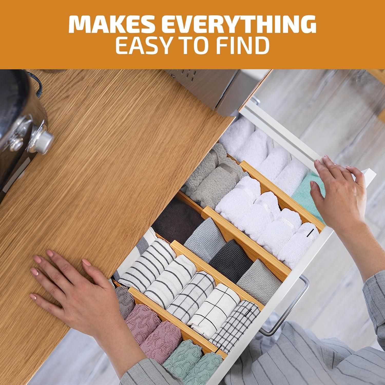 Drawer Dividers 4 Pack - Adjustable Bamboo Organizers 12.2" to 17.3", 2.6" Tall Expandable Separators for Kitchen, Dresser, Bedroom, Office or Bathroom Drawers
