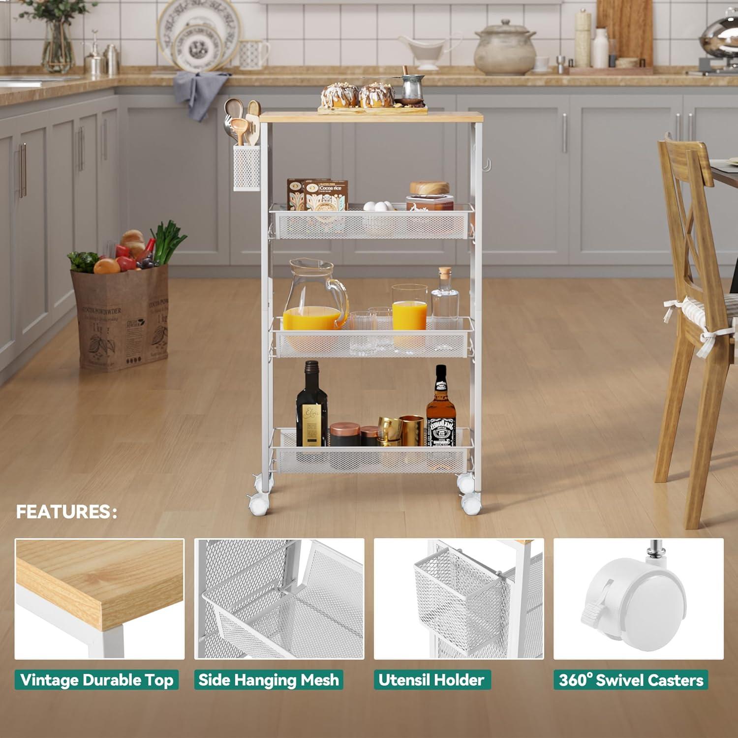 DWVO 4-Tier Slim Rolling Cart on Wheels, 34" Wooden Tabletop Kitchen Storage Organizer Cart with Wire Mesh Baskets, Slide-Out Storage Cart for Kitchen, Bathroom Living Room (White)