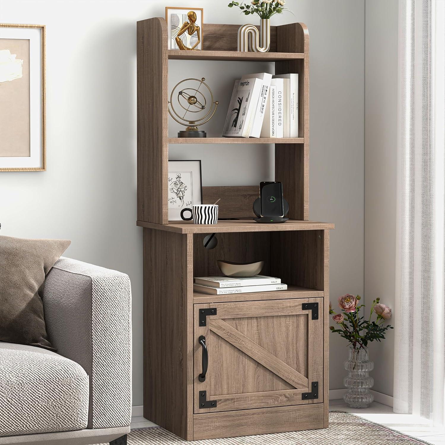 Tall Light-Brown Wood Nightstand with Bookshelf and Charging Station