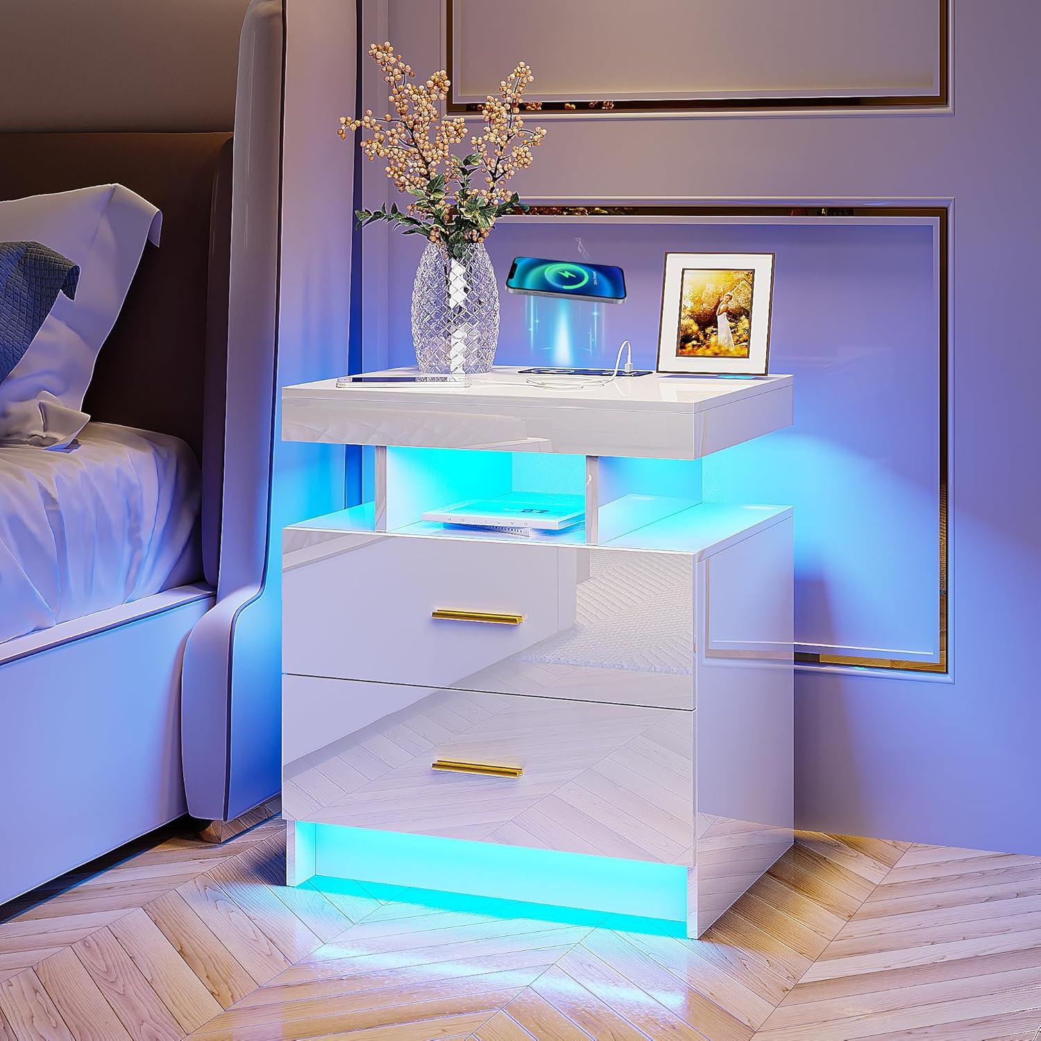 HNEBC Smart LED Nightstand with Wireless Charging & USB Ports, High Glossy Night Stand with 3 Drawers and 1 Pull-Out Tray, Modern Bedside Table with Human Sensor for Bedroom (White)