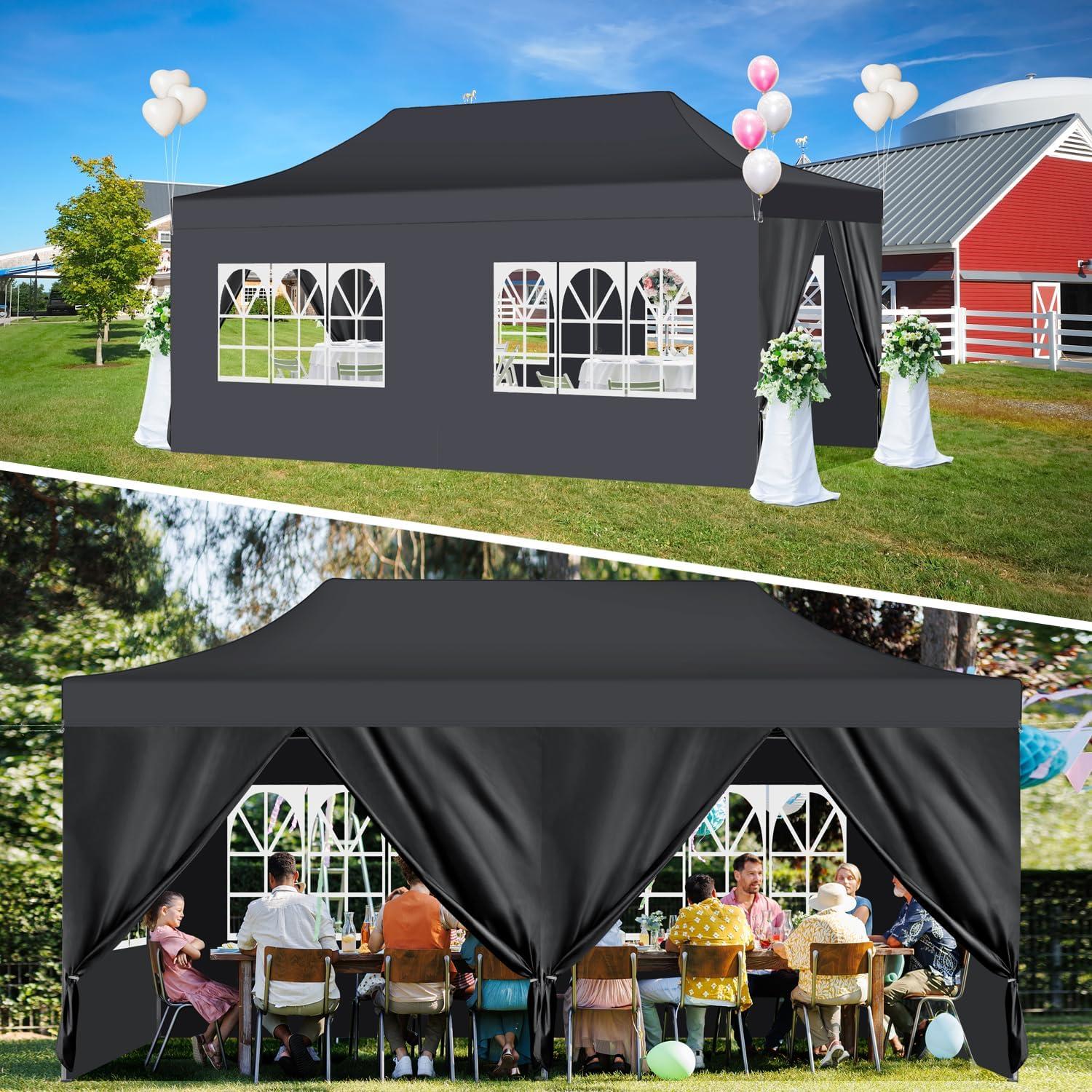 COBIZI Canopy Tent 10X20 Pop up Hollow Tent with 6 Removable Side Walls,Outdoor Event Party Canopy,Instant Portable,Suitable for Parties,Weddings,Camping and Beaches,with Wheeled Bag,Black