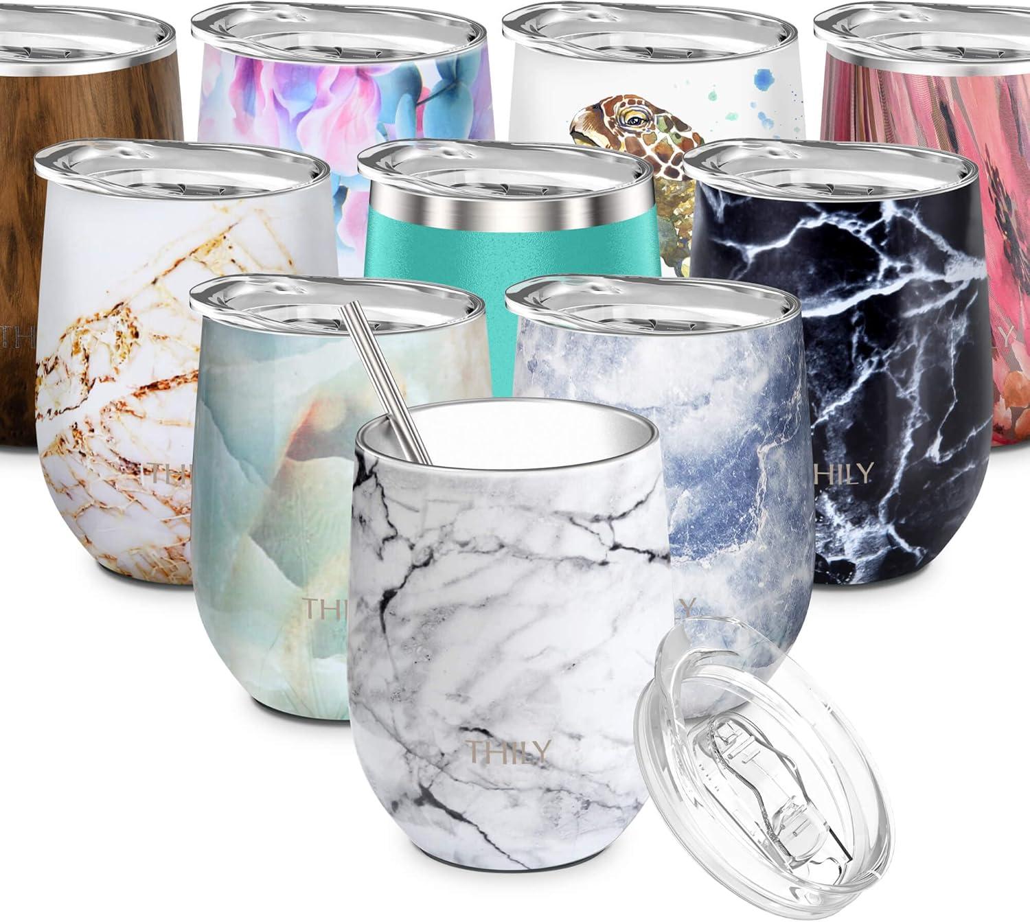 Stainless Steel Stemless Wine Tumbler - THILY 12 oz Triple-Insulated Wine Glass with Lid and Straw, Reusable Travel Coffee Cup, Keep Hot or Cold for Wine, Coffee, Beer, Juice, White Marble