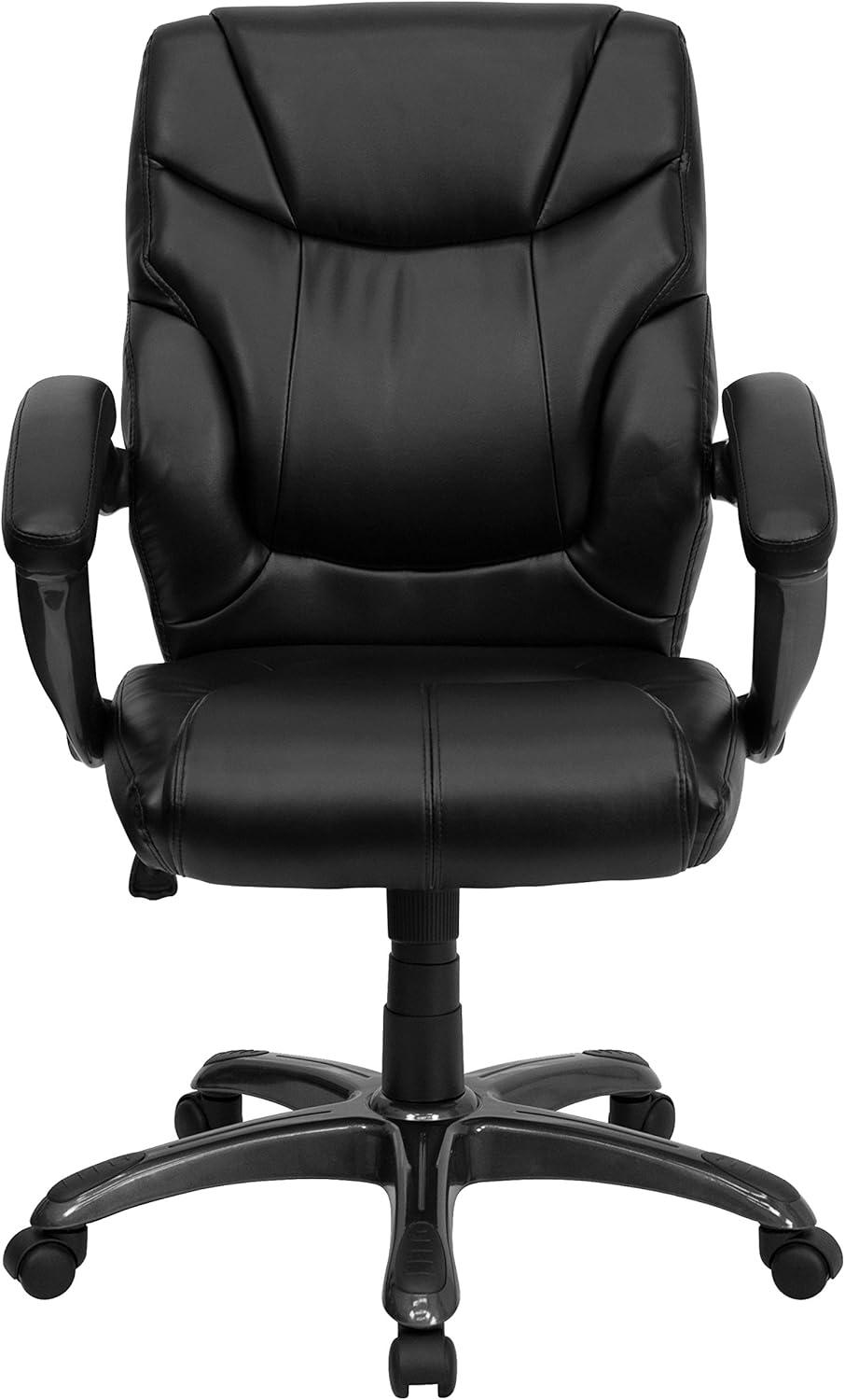 Flash Furniture Megan Mid-Back Black LeatherSoft Overstuffed Swivel Task Ergonomic Office Chair with Arms