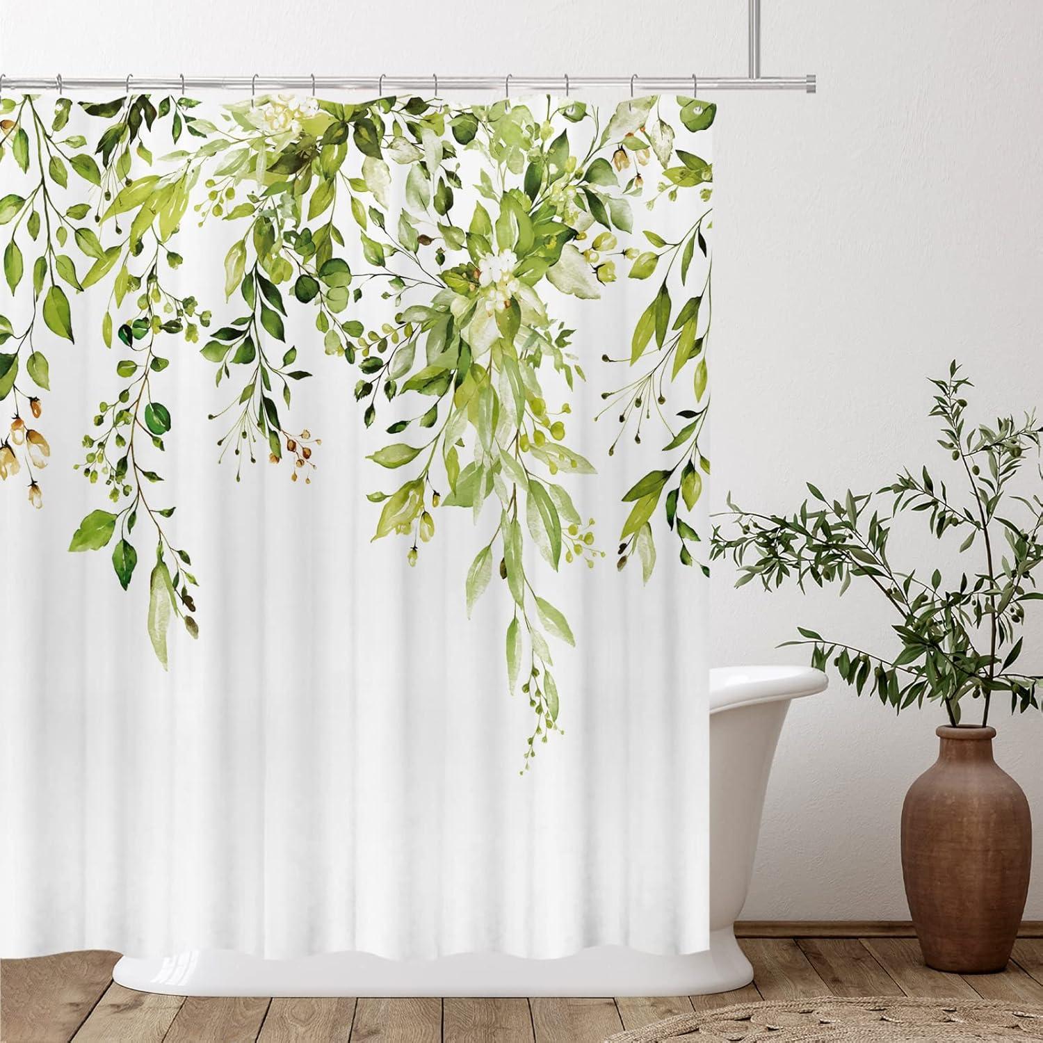 Eucalyptus Watercolor Leaves Semi-Sheer Waterproof Shower Curtain