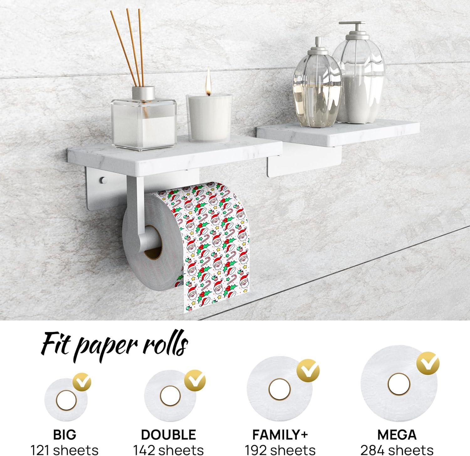 Shelve Toilet Paper Holder with Natural Double Marble Shelf, Screw Wall Mounted, Tissue Roll Holder