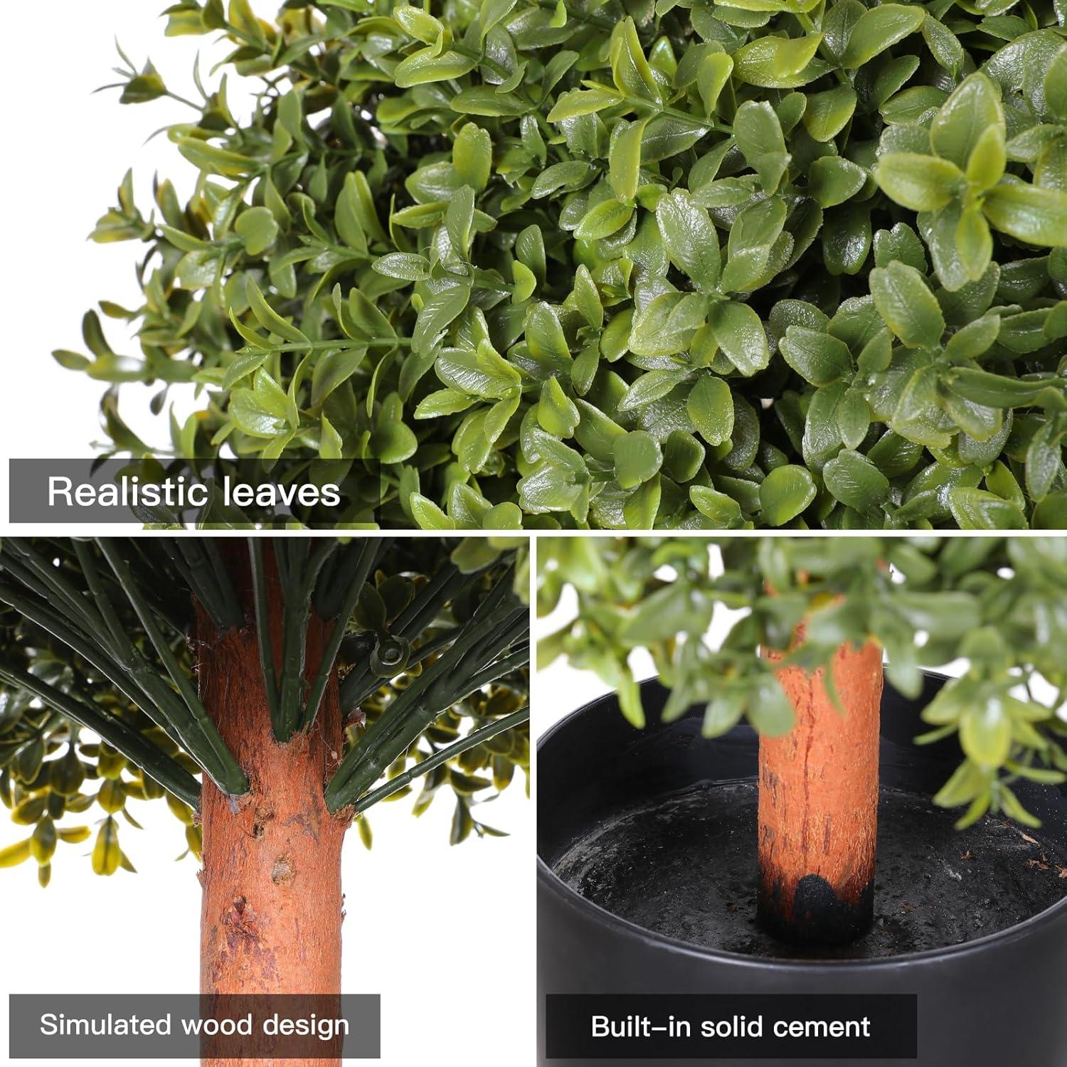 JepoIA Artificial Boxwood Topiary Tree Set of 2, Artificial UV Resistant Bushes, Faux Potted Tree, Plant in Pot w/Dried Moss, Fake Shrubs for Indoor, Front Porch, Outdoor, w/Orange Flower