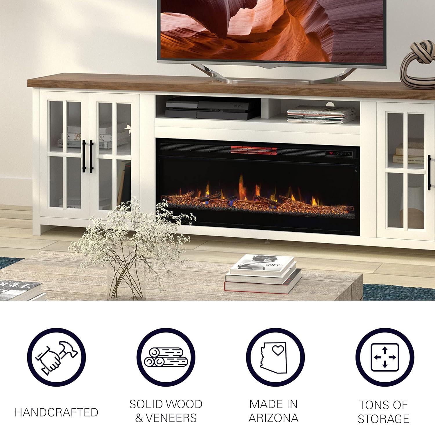 Hampton 97" White Wood Fireplace TV Stand with Cabinets