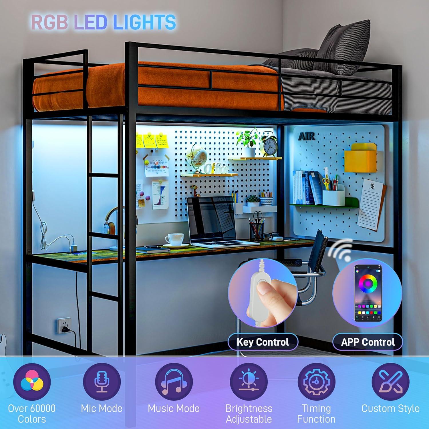 HOMCOM Twin Loft Bed with Desk, LED Lights, Charging Station, Twin Size Metal Loft Bed Frame with Safety Guardrail, Ladder, Noise Free, Black