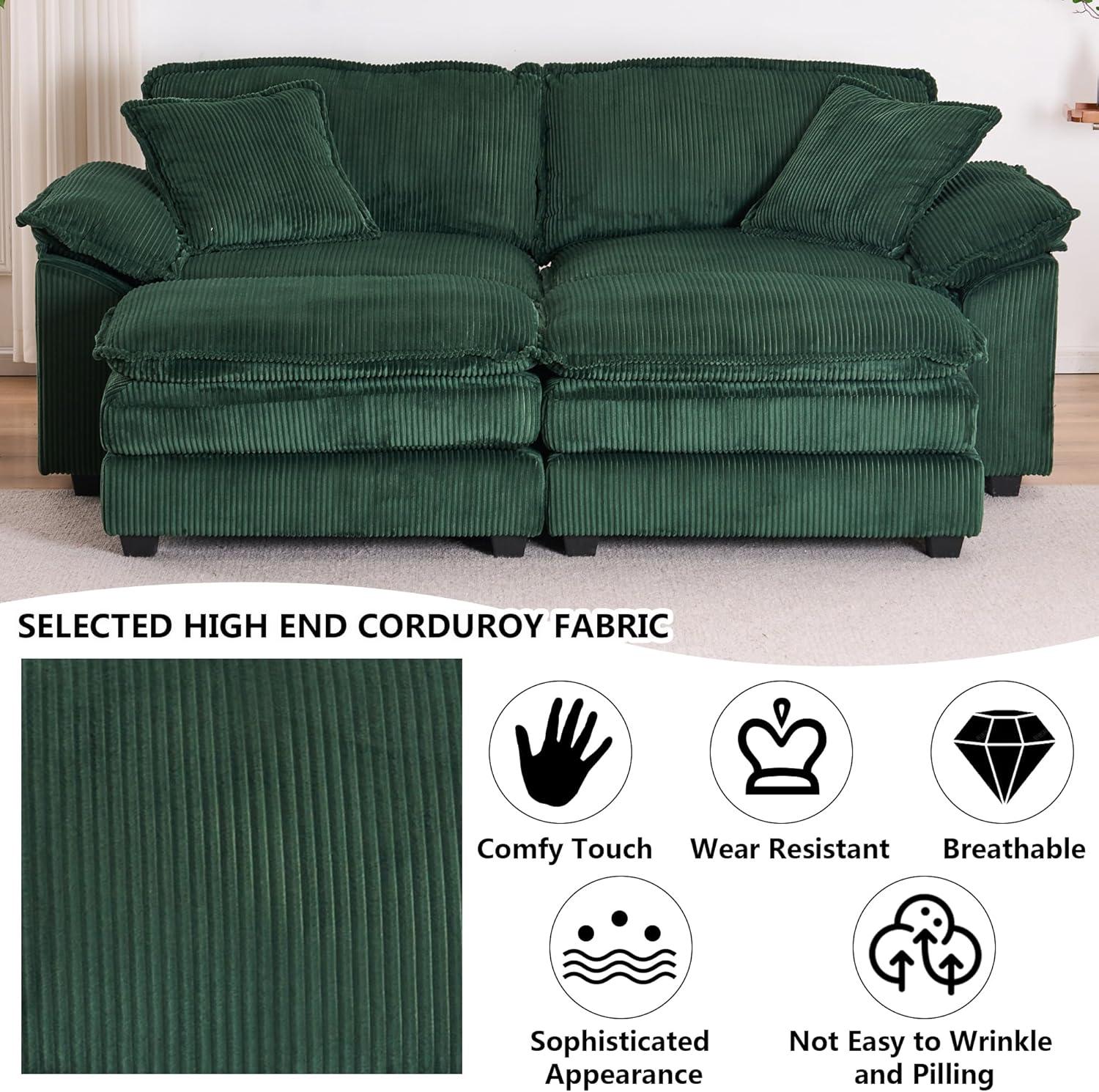 Green Corduroy Loveseat Sofa with Ottomans and Pillows