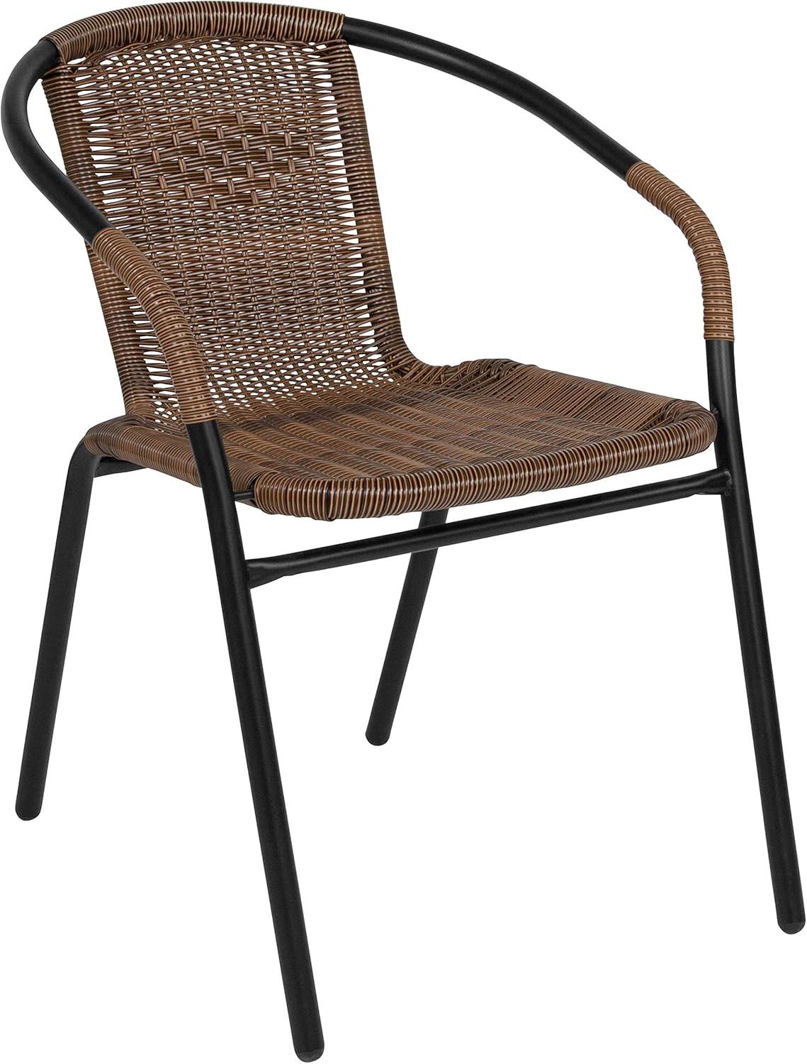 Flash Furniture 28'' Round Glass Metal Table with Dark Brown Rattan Edging and 4 Dark Brown Rattan Stack Chairs