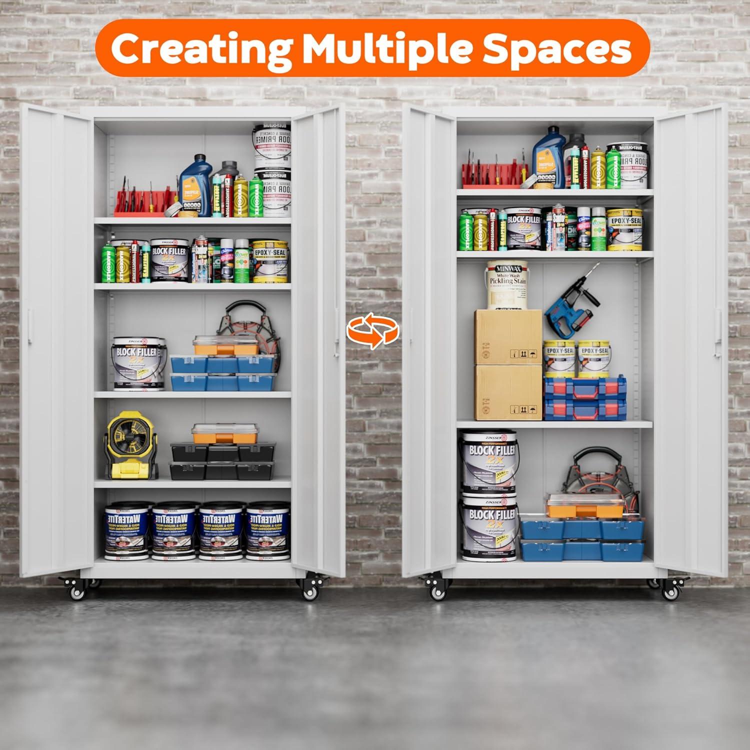 Aobabo Metal Storage Cabinet with Wheels & Pegboards,Office Storage Cabinet with Lock & Shelves,72'' H Steel Garage Cabinet for Office Home Storage,White Required-Assembly