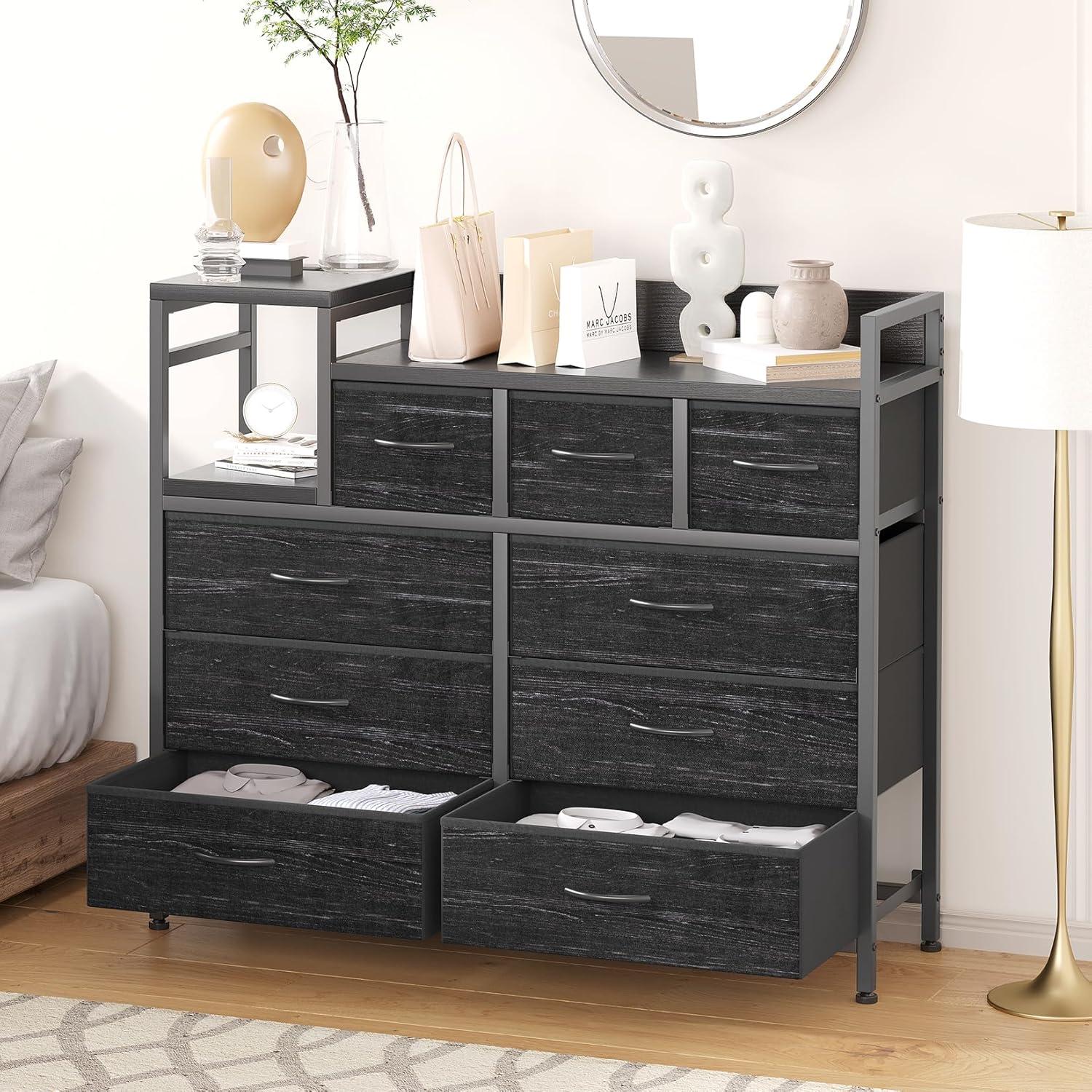 TROPOW TV Stand with Charging Station, Bedroom Dresser for Living Room TV Stand with 9 Drawers, Vintage,Black