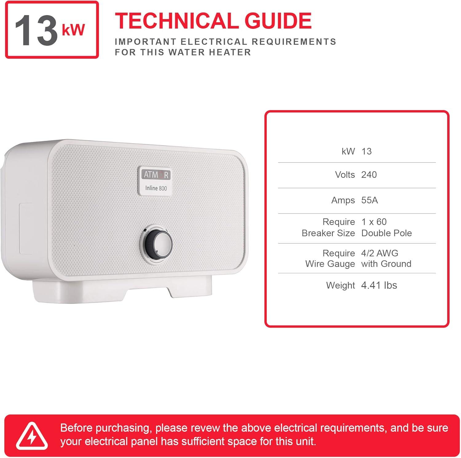 Atmor 13kW/240V Electric Tankless Water Heater Includes Pressure Relief Device, Ideal for a Full Bathroom