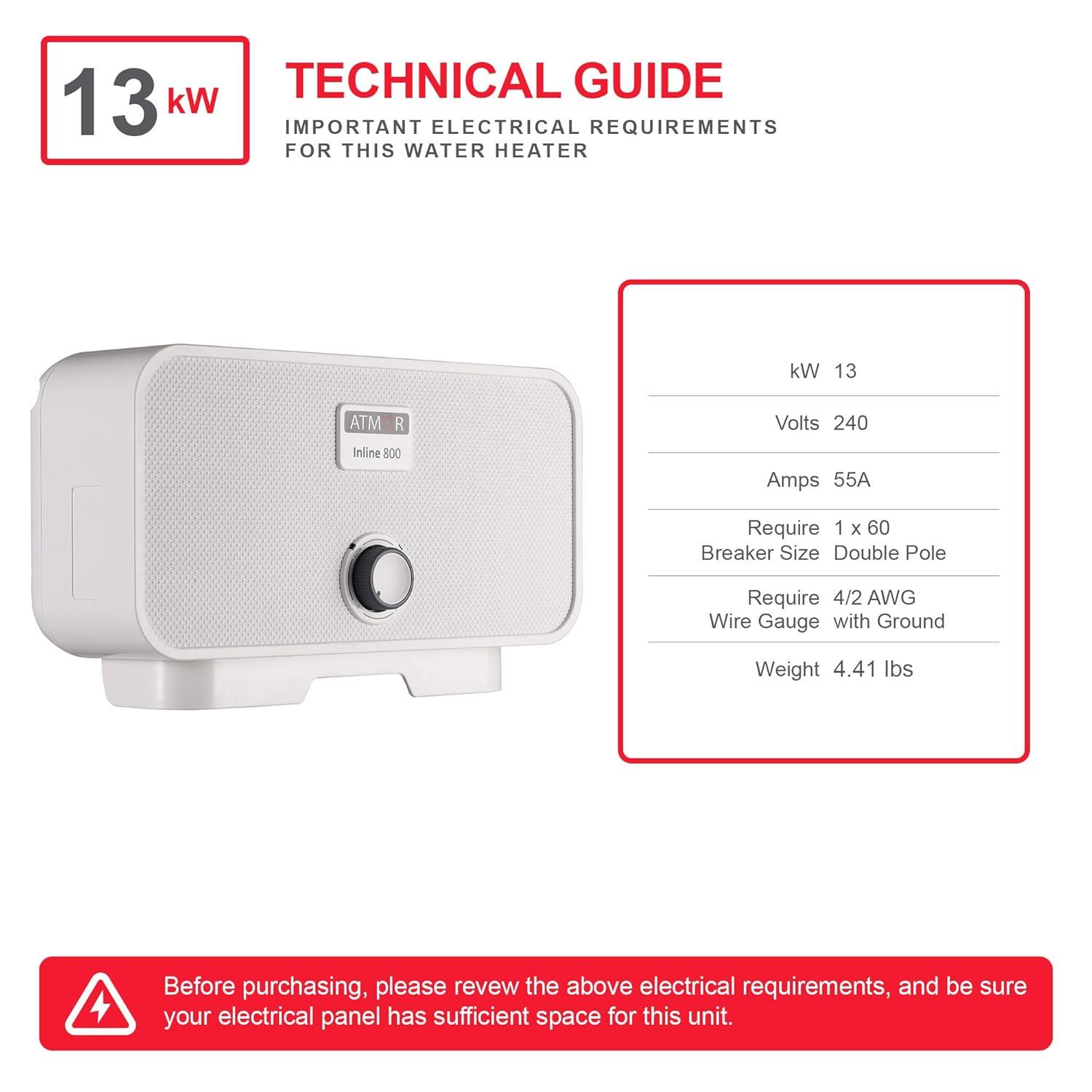 Atmor 13kW/240V Electric Tankless Water Heater Includes Pressure Relief Device, Ideal for a Full Bathroom