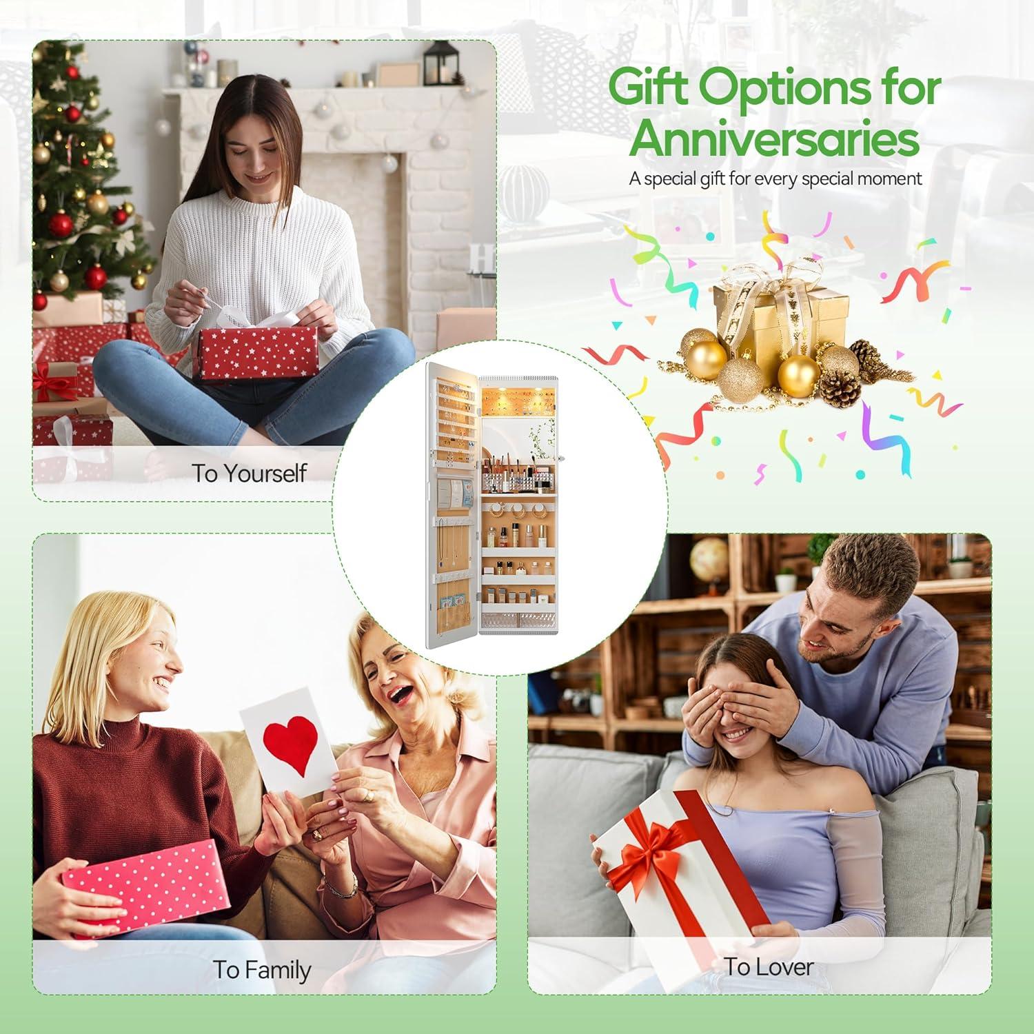 Hokku Designs LED Mirror Jewelry Cabinet,47.2" Wall Mounted Jewelry Organizer with Full-Length Mirror,Over The Door Hanging Jewelry Armoire Storage Cabinet,Folding Dresser,2 Drawers,Lockable, 3 Shelves(White)