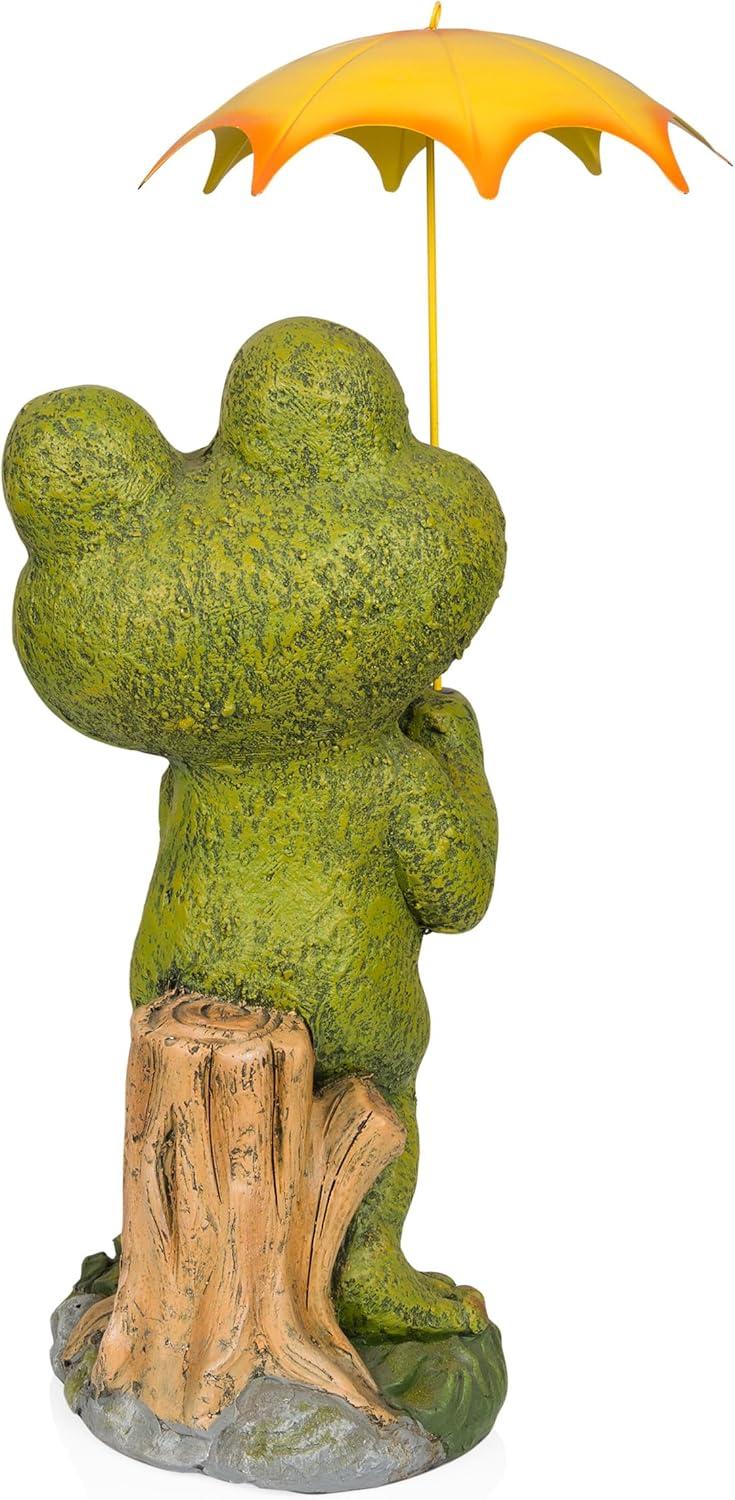 Green Frog Garden Statue with Yellow Umbrella, 23"