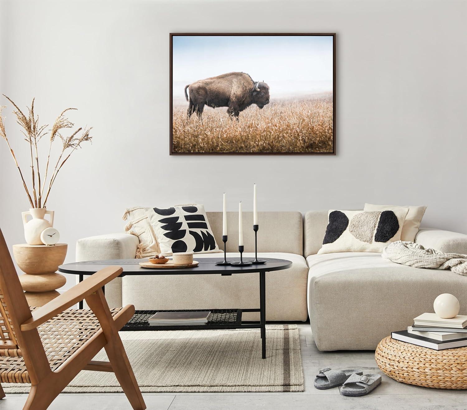 Kate & Laurel All Things Decor Sylvie American Bison Buffalo in Prairie Grass Framed Canvas Wall Art Brown