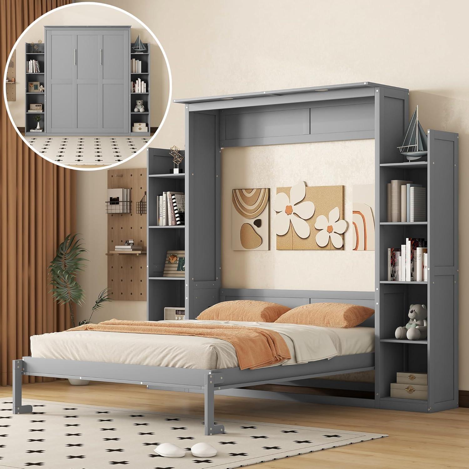 HOME FURNITURE Queen Size Murphy Bed Wall Bed With Shelves And LED Lights,