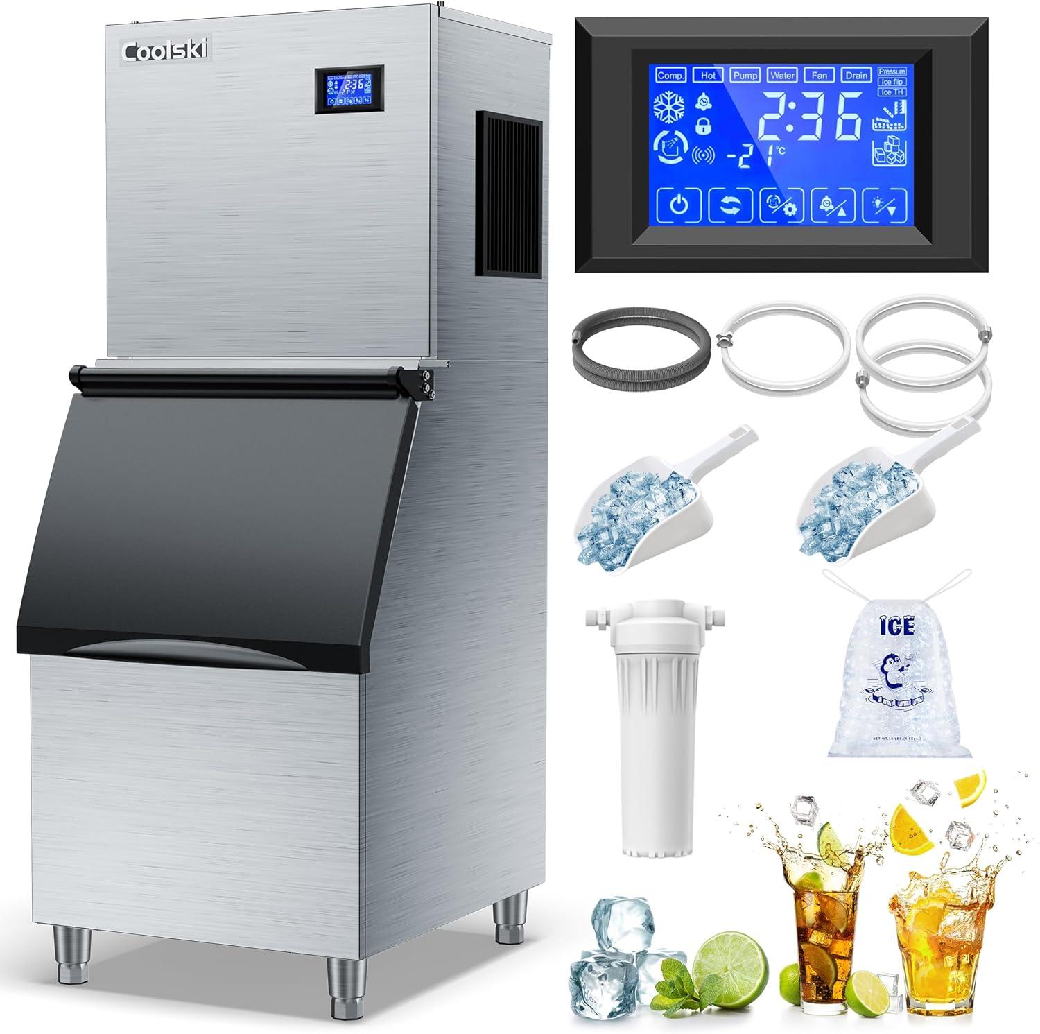 Coolski Coolski Commercial Ice Machine 350 lb. Daily Production Clear Cube Ice, Freestanding Ice Maker For restaurants Bars Hotels, Stainless Steel