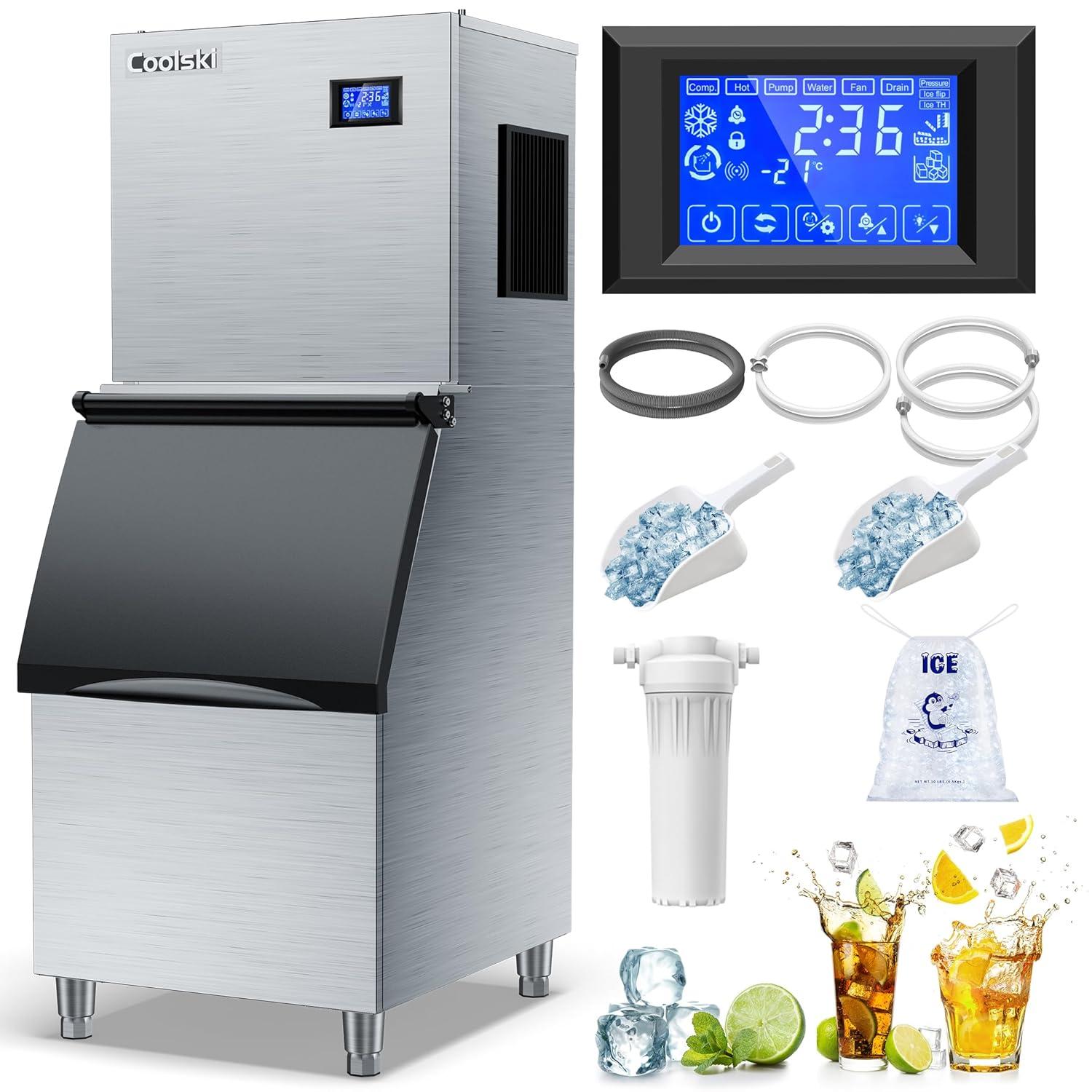 Coolski Coolski Commercial Ice Machine 350 lb. Daily Production Clear Cube Ice, Freestanding Ice Maker For restaurants Bars Hotels, Stainless Steel