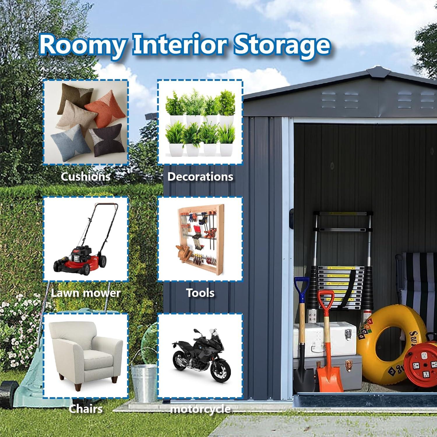 Outdoor Storage Shed 6 FT Large Metal Tool Sheds, Heavy Duty Storage House With Sliding Doors With Air Vent For Backyard Patio Lawn To Store Bikes, Tools, Lawnmowers Dark Grey