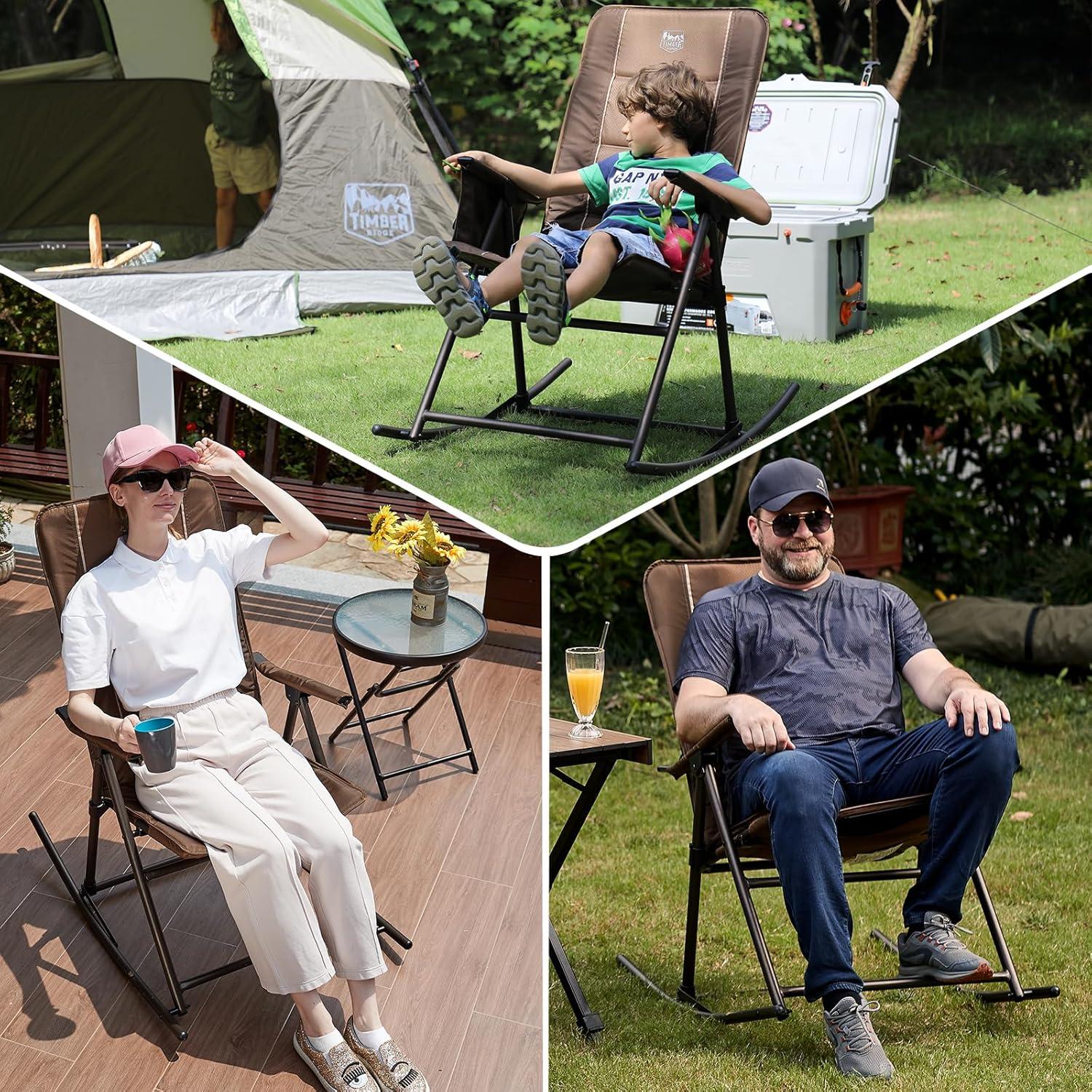 TIMBER RIDGE Folding Rocking Camping Chair, Padded High Back Outdoor Rocking Chair with Side Pocket, Portable Rocker Lawn Chairs for Adults, Heavy Duty Supports 300 LBS, Brown-1 Pack