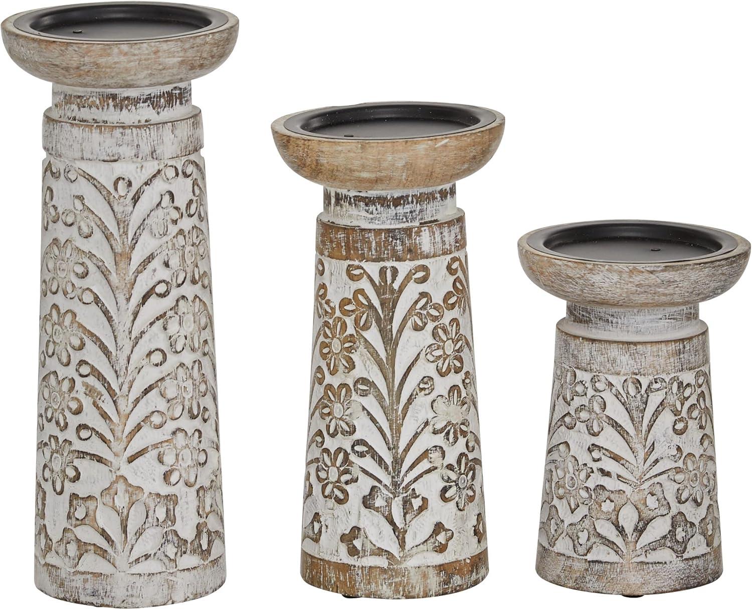 Gracie Oaks Mango Wood Floral Handmade Decorative Candle Holder Carved Pillar Candle Stand With Cream Accents, Set Of 3 Candlestick Holder 6", 8", 10"H, Brown
