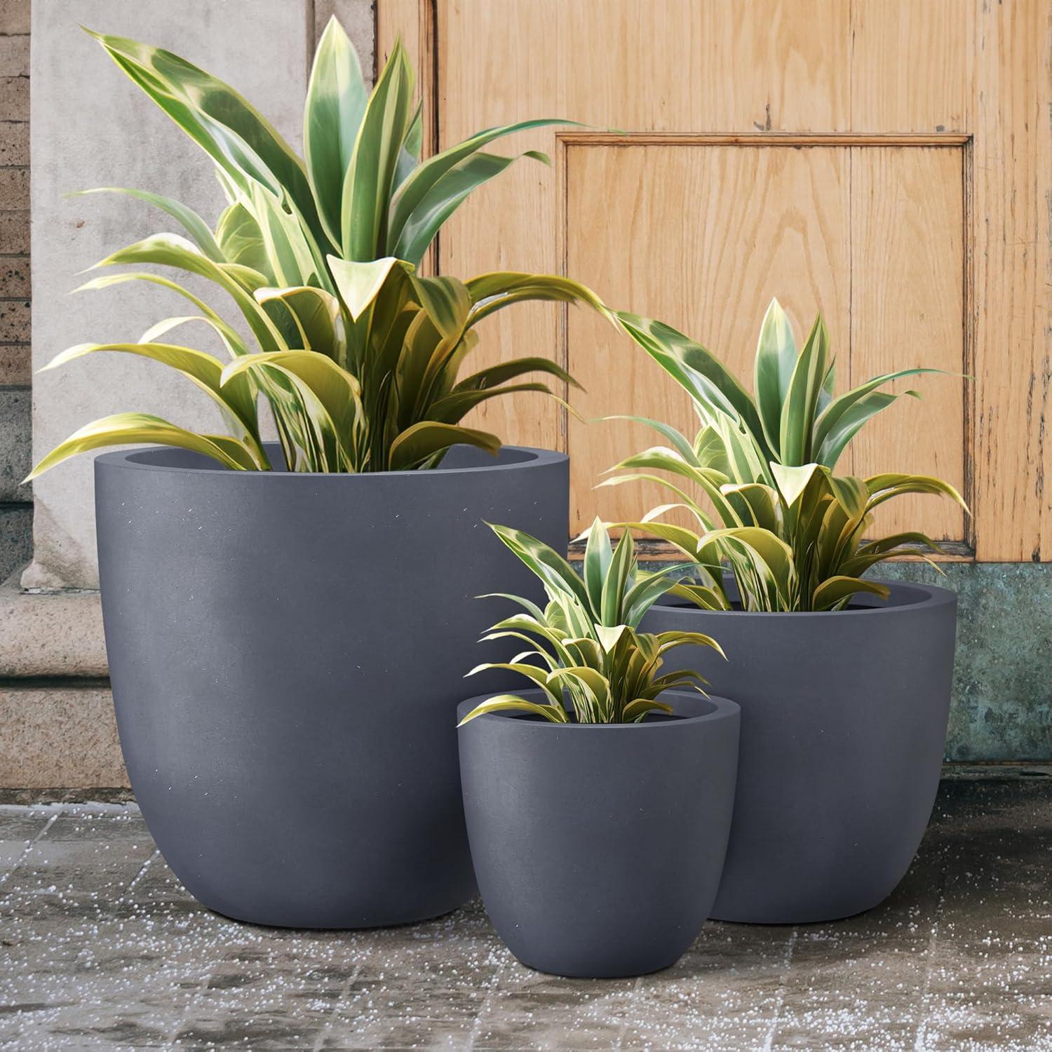 Set of 3 17" Kante Lightweight Modern Seamless Outdoor Concrete Oval Planter Charcoal Black - Rosemead Home & Garden, Inc.