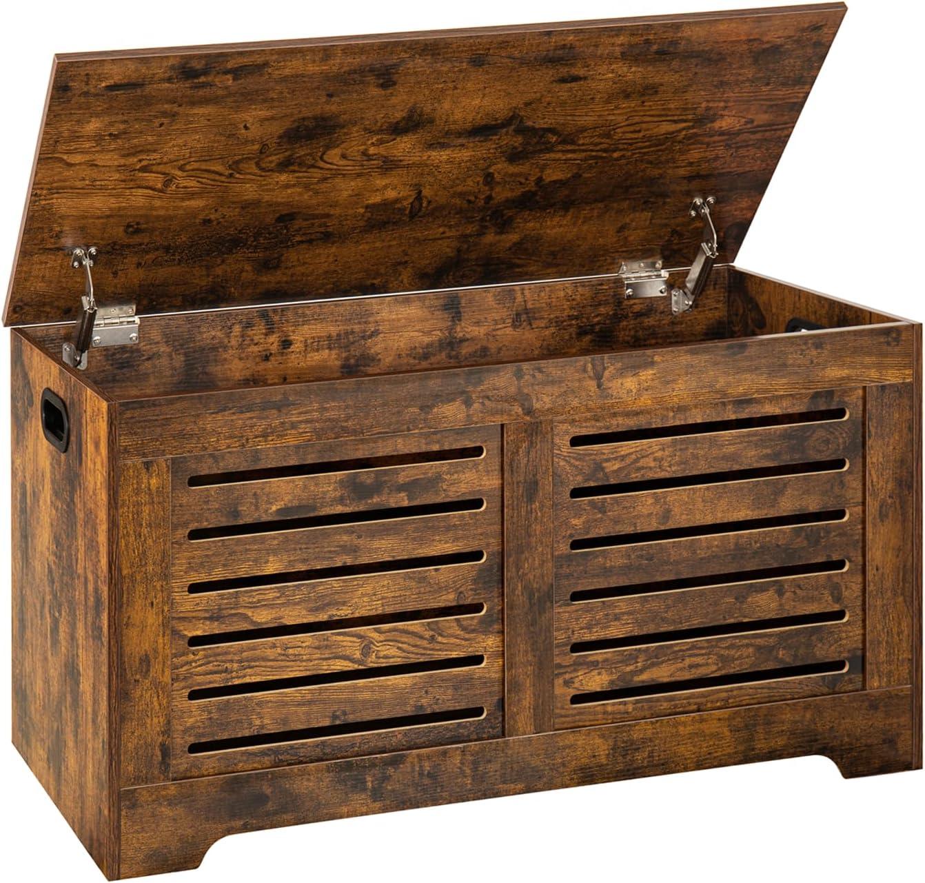 DINZI LVJ Storage Chest, Flip-Top Wooden Toy Box with 2 Safety Hinges, Retro Entryway Shoe Bench, Sturdy Large Storage Trunk for Living Room, Bedroom, Toddler Room, Easy Assembly, Rustic Brown