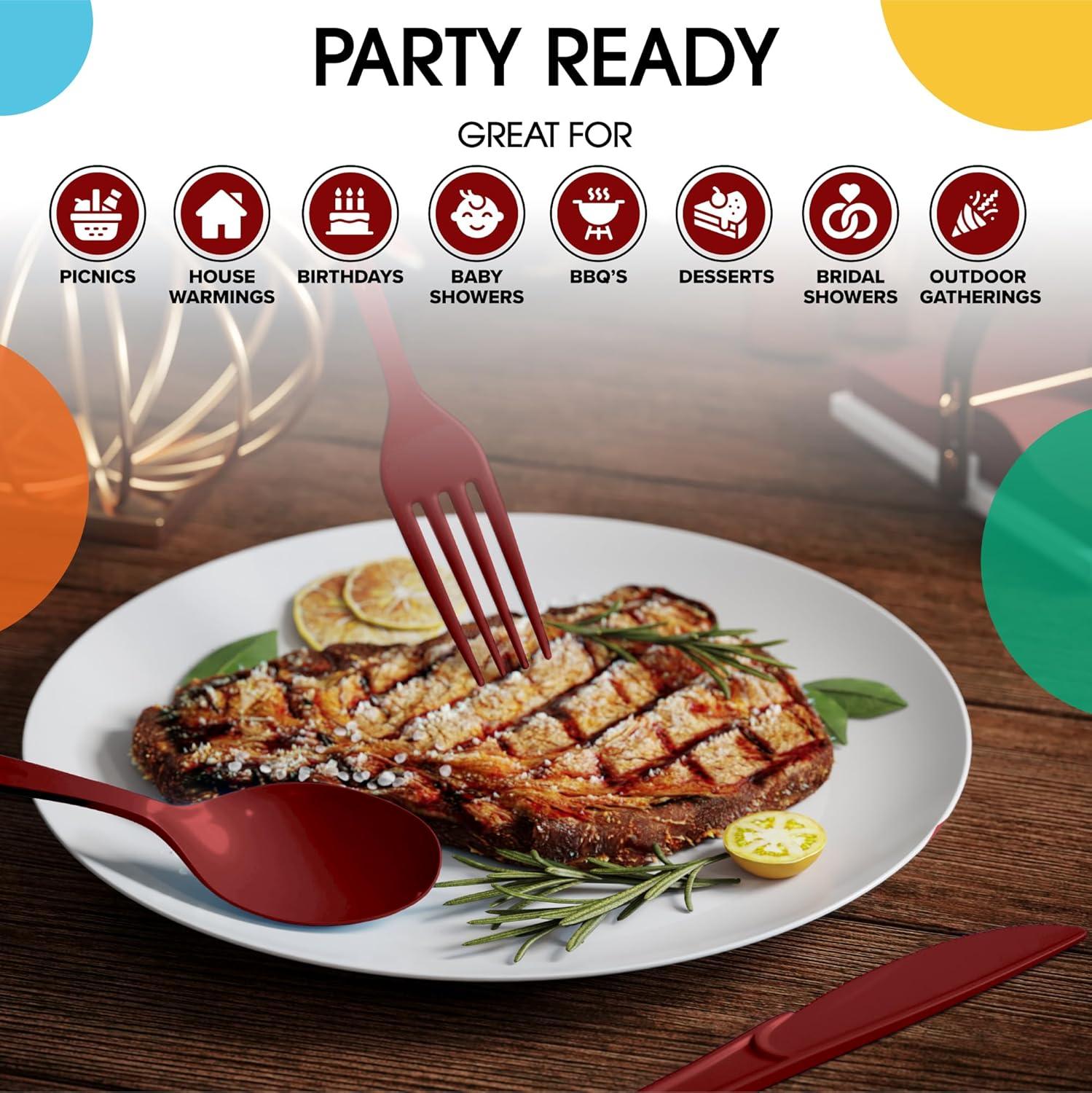 Exquisite Burgundy Plastic Utensil Cutlery Set Forks Spoons Knives- 150 Pack