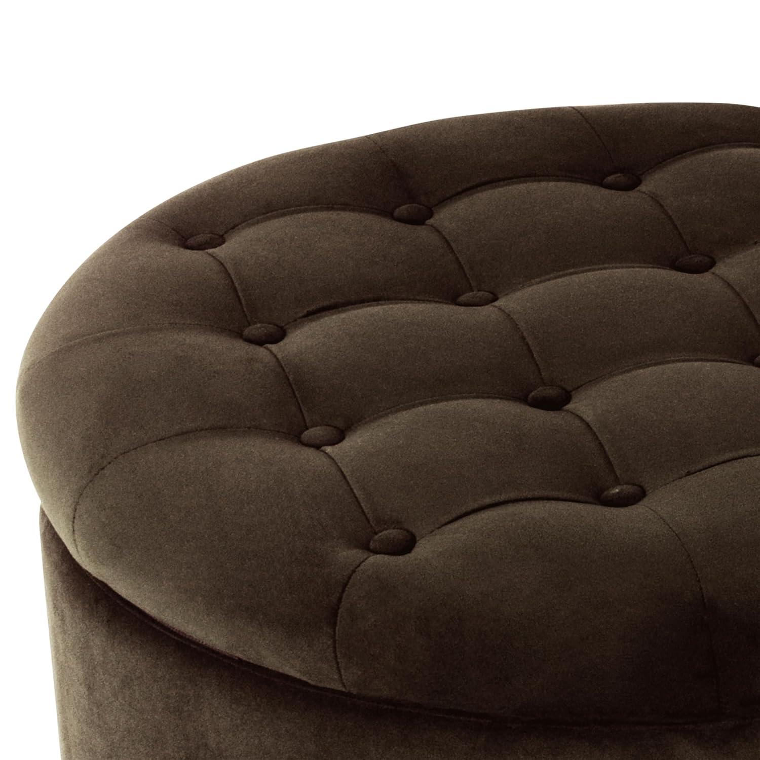 Tufted Round Storage Ottoman Velvet Brown - HomePop: Elegant Honey Oak Legs, Upholstered, Easy to Assemble